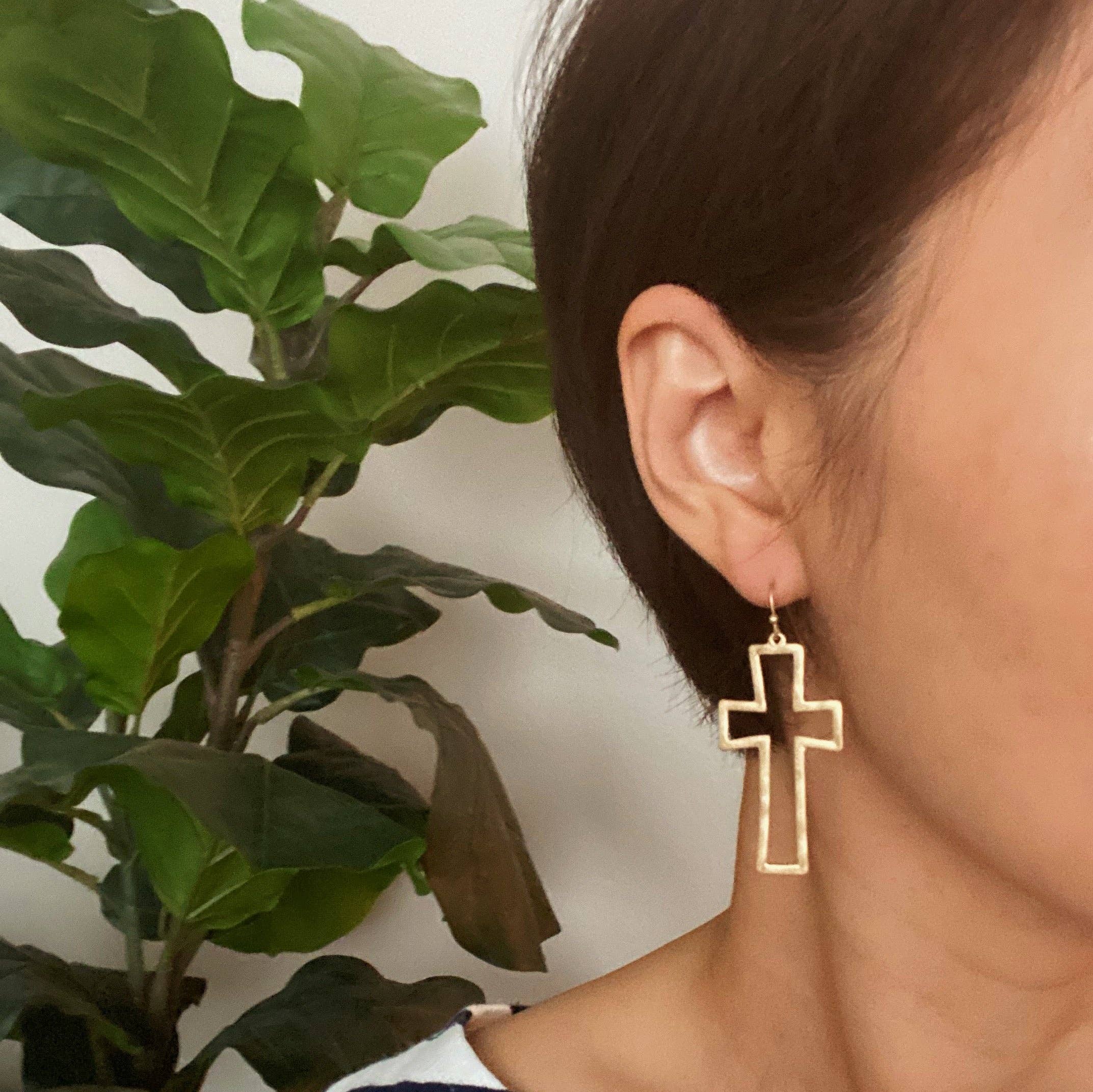 Dangle Cross Outlined Earrings: Gold