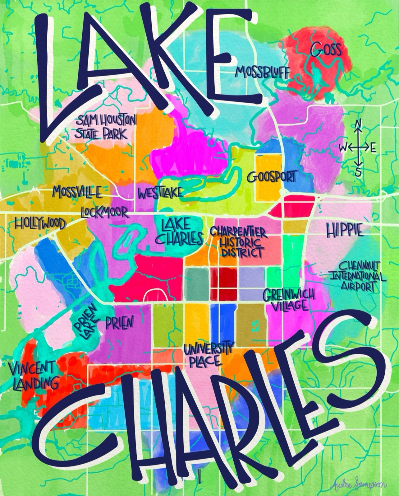 Lake Charles Map Reproduction Print - On Paper or Canvas