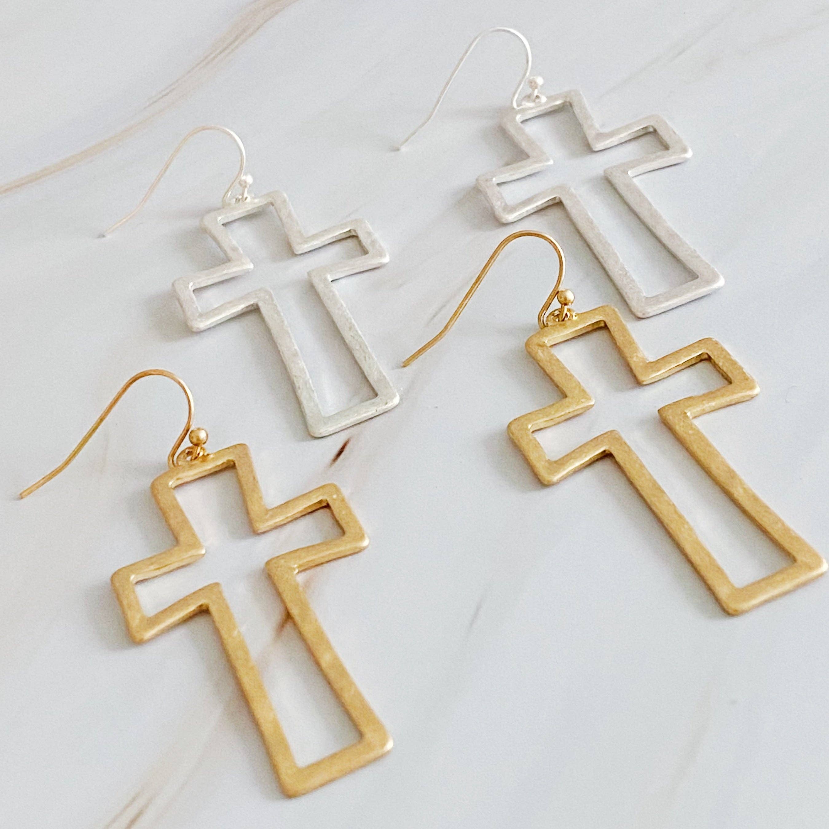 Dangle Cross Outlined Earrings: Gold