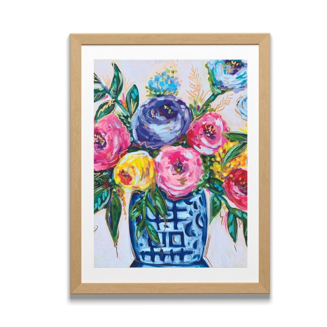 Blue White Vase Floral Art Print on Paper or Canvas - Grand Millennial Wall Art, Southern Colorful Poster