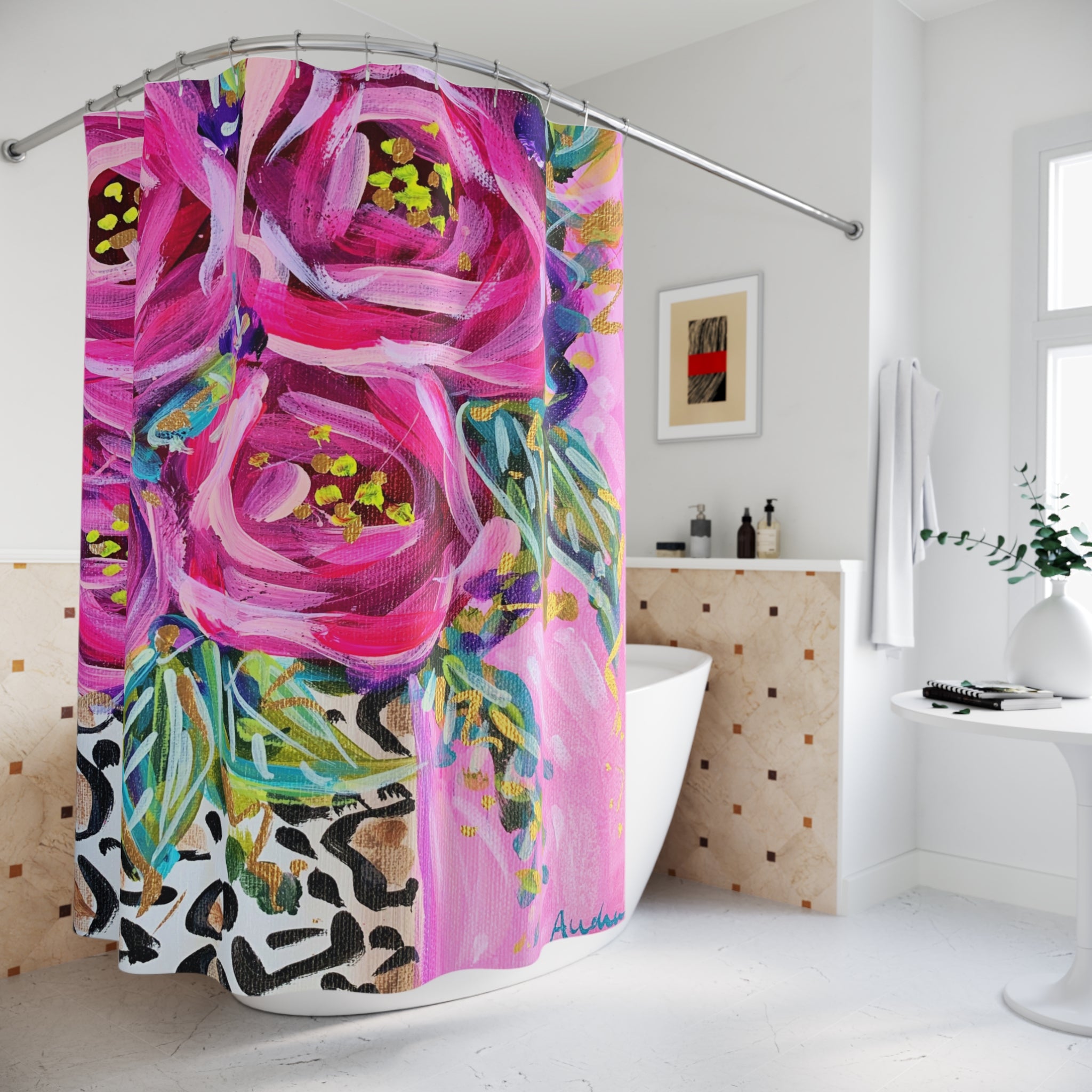 Pink Roses Leopard Vase Shower Curtains