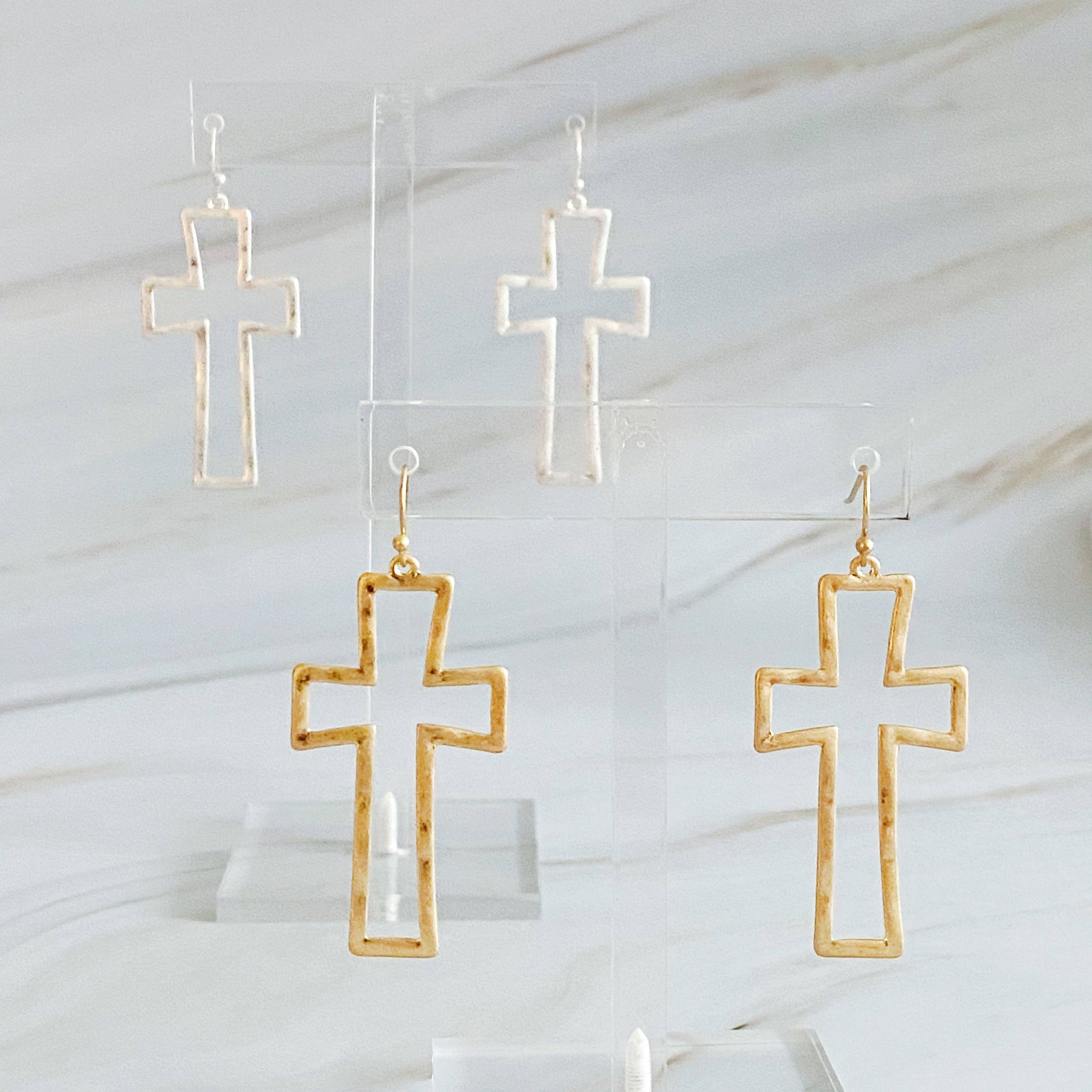 Dangle Cross Outlined Earrings: Gold