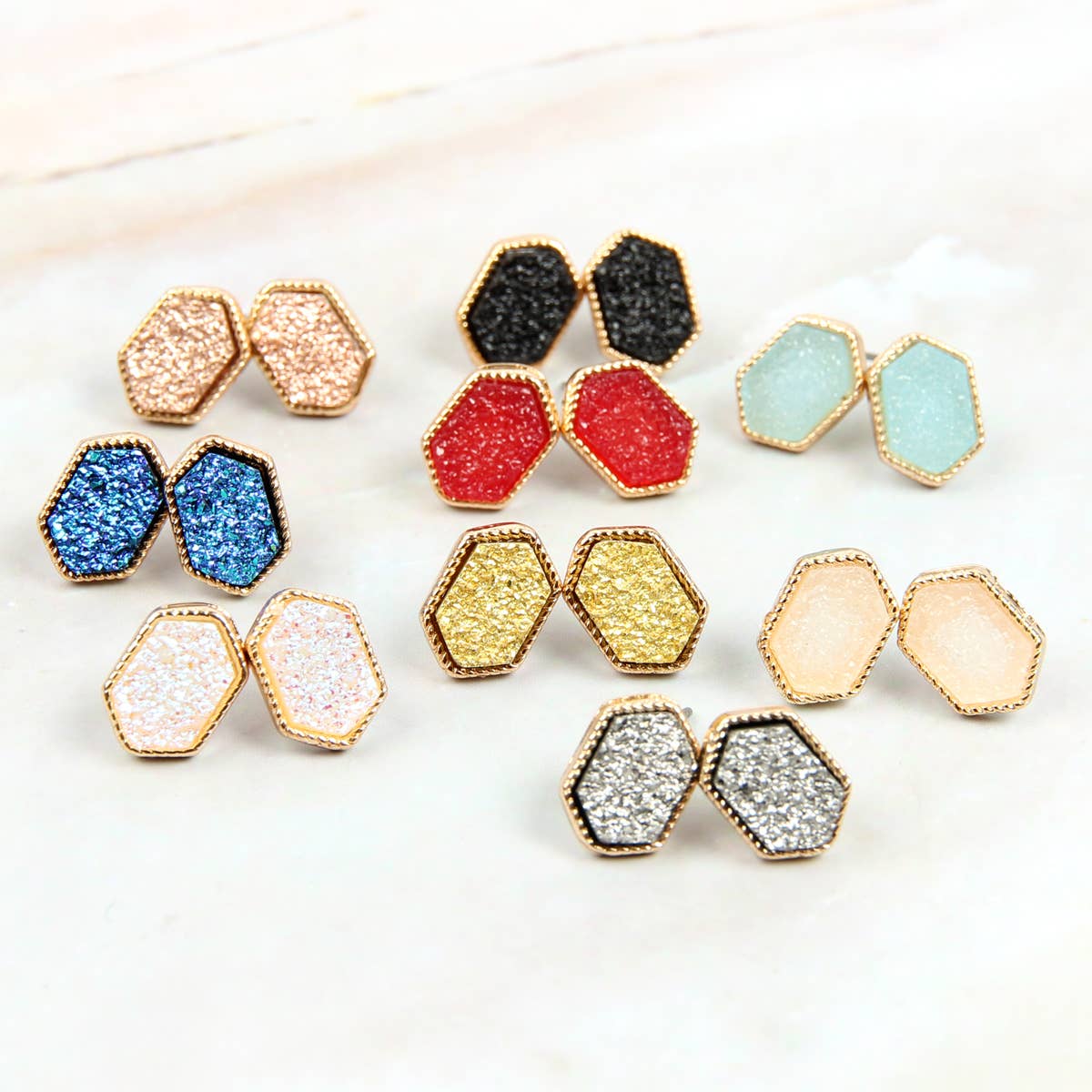 VE2334 - DRUZY HEXAGON POST EARRINGS: GOLD PINK