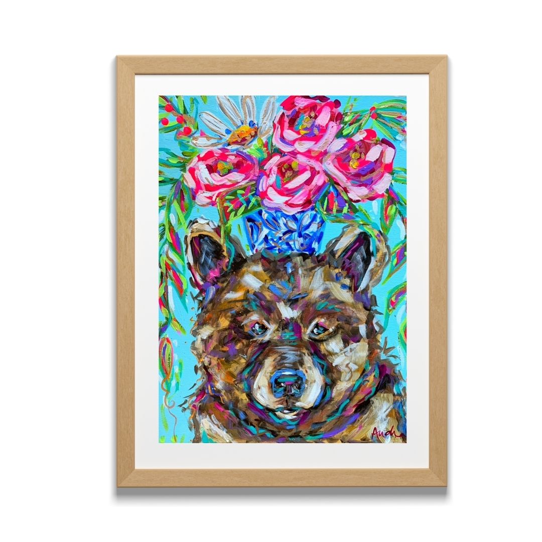 Bear Art Print on Paper or Canvas - Colorful Animal Wall Art, Floral Wall Poster, Kids Room Baby Nursery