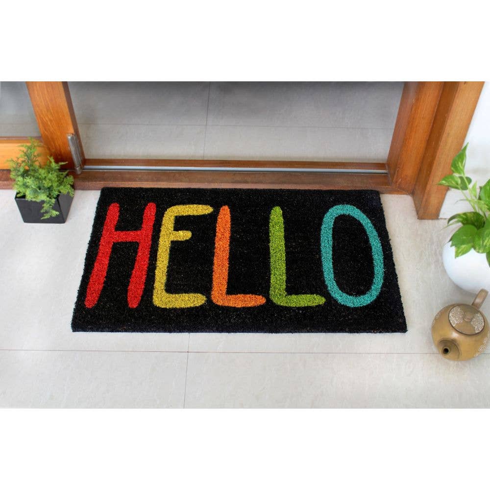 Doormat - Black Machine Tufted Hello, 18" x 30 Rug