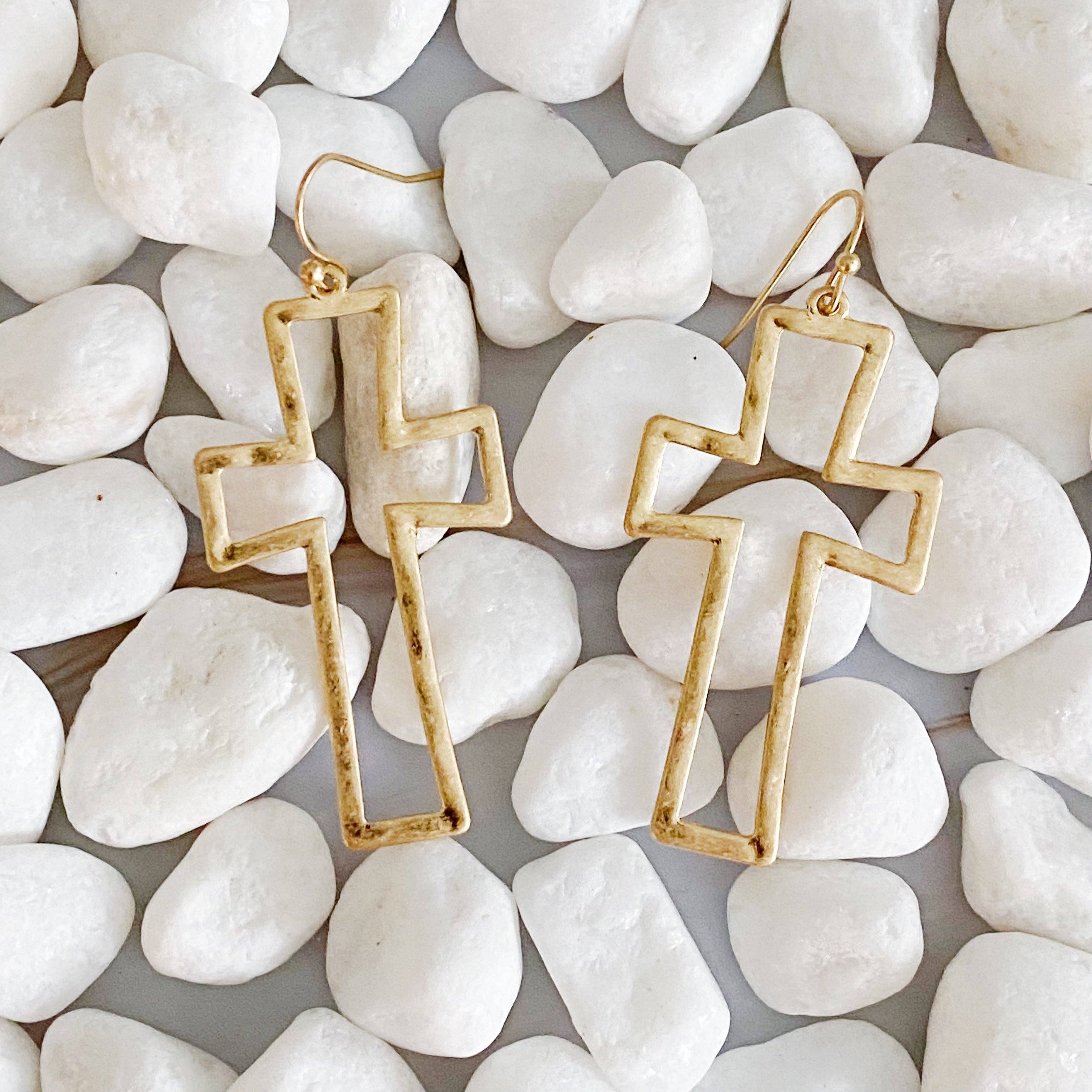 Dangle Cross Outlined Earrings: Gold