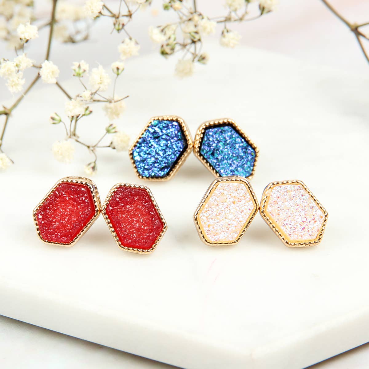 VE2334 - DRUZY HEXAGON POST EARRINGS: IRIDISCENT