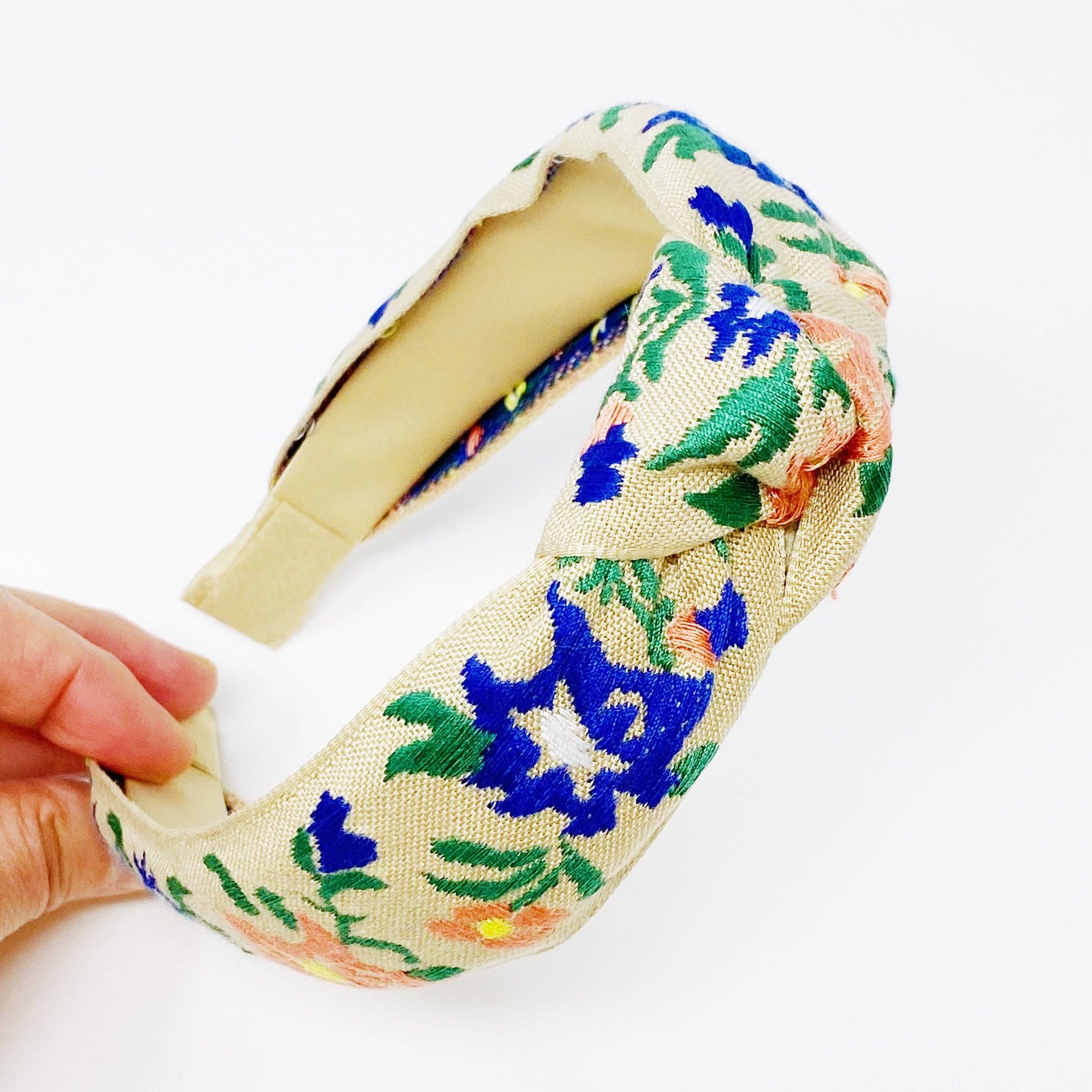 French Floral Embroidered Headband: Apricot