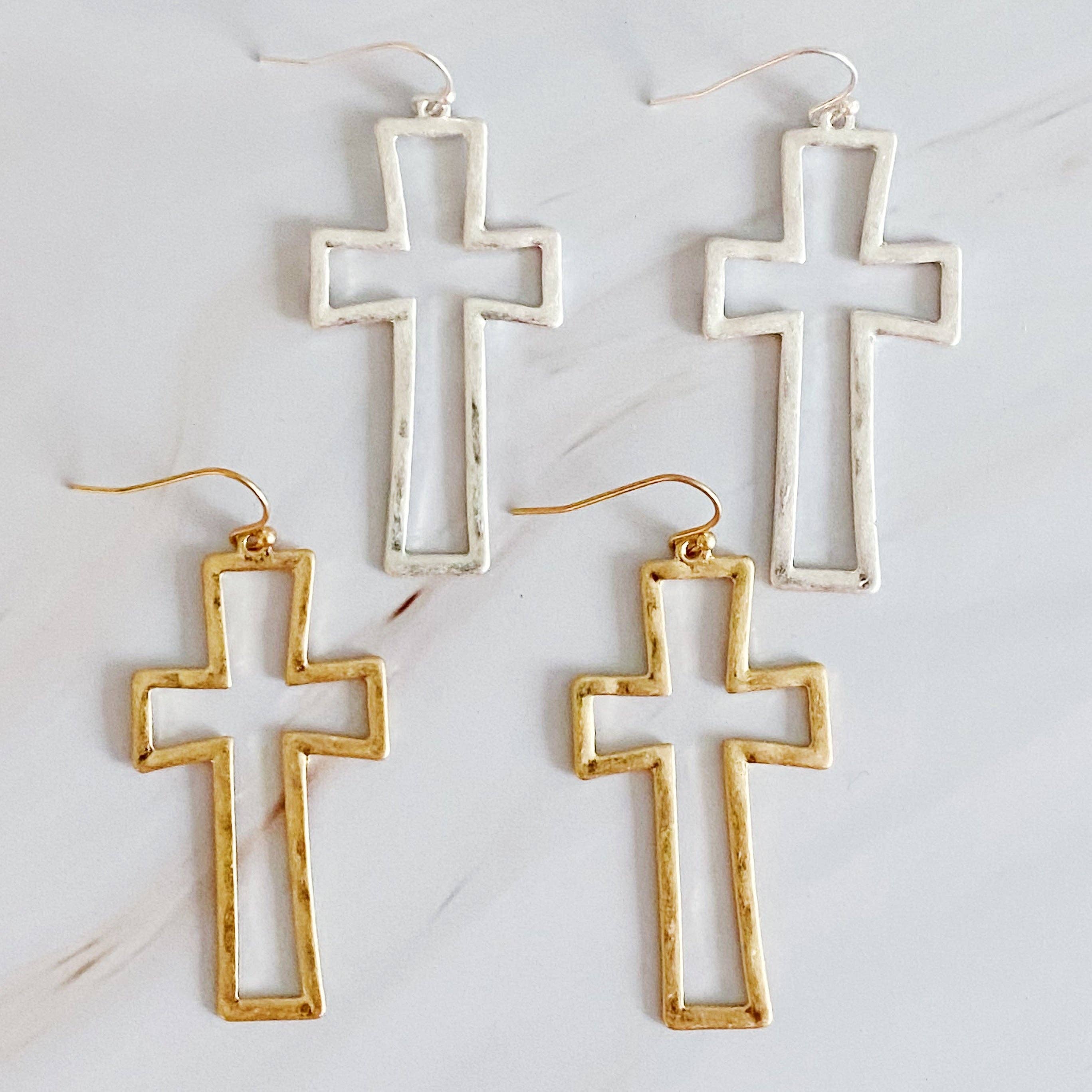 Dangle Cross Outlined Earrings: Gold