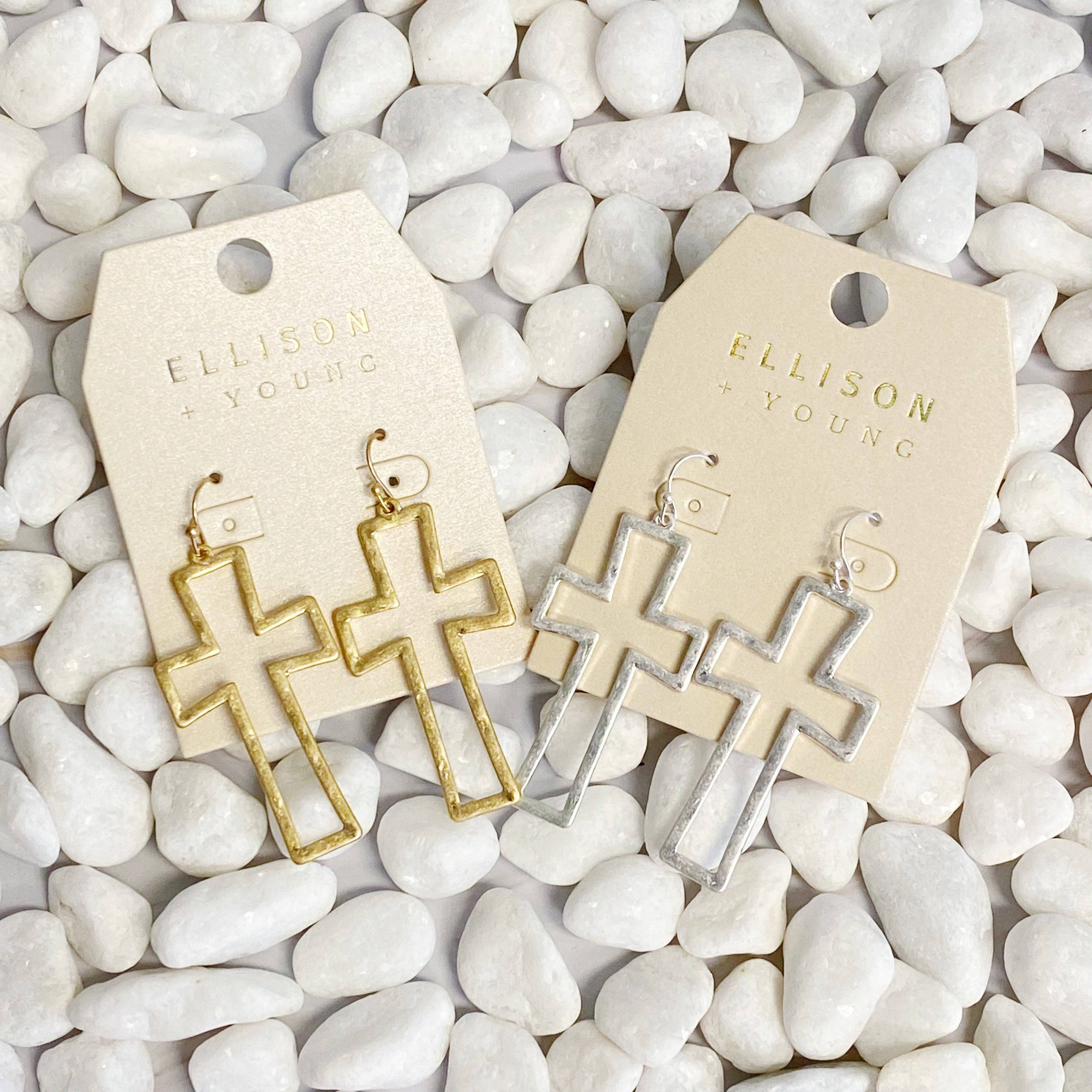 Dangle Cross Outlined Earrings: Silver