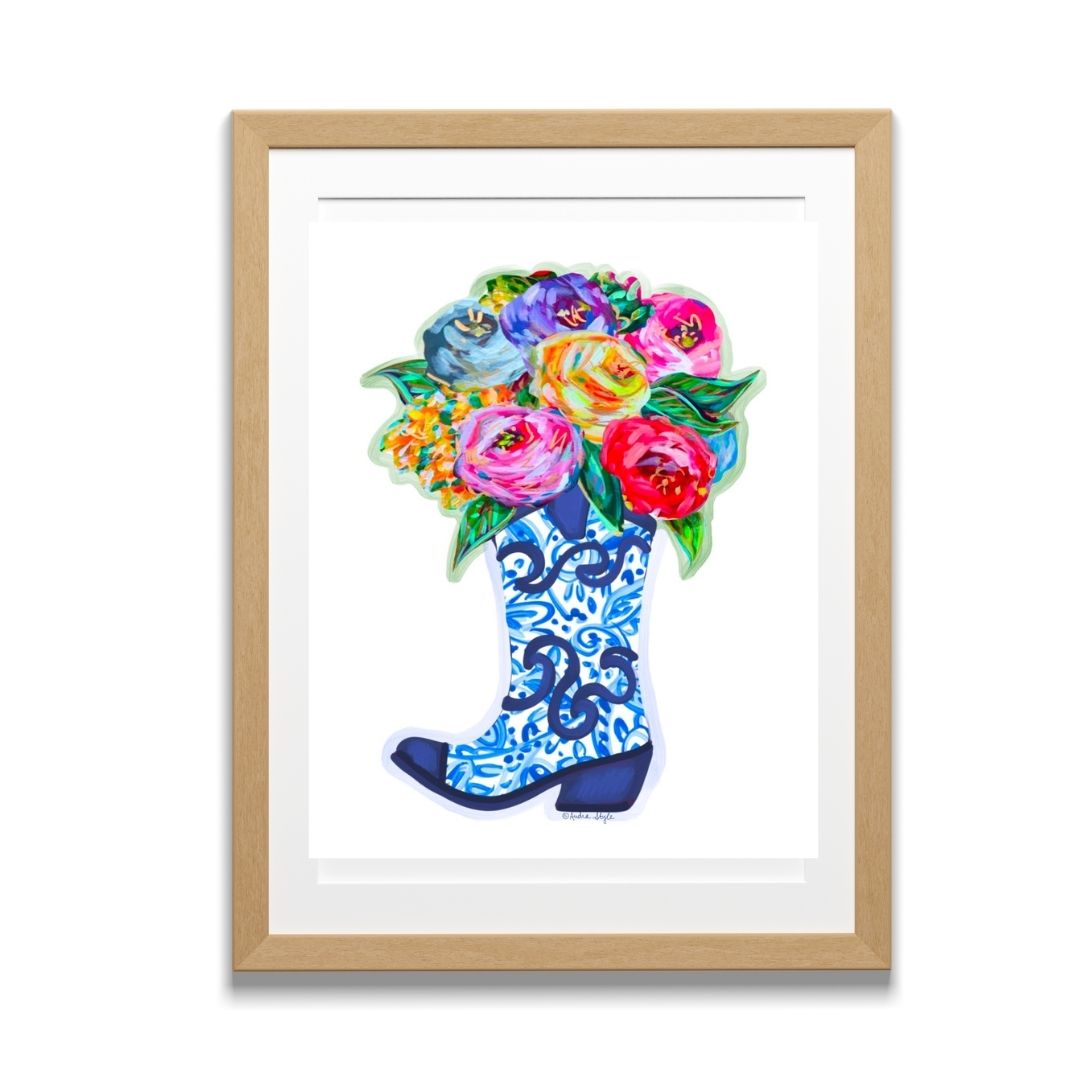 Blue and White Cowboy Boot Bouquet Art Print - Grand Millennial, Colorful Wall Art Poster