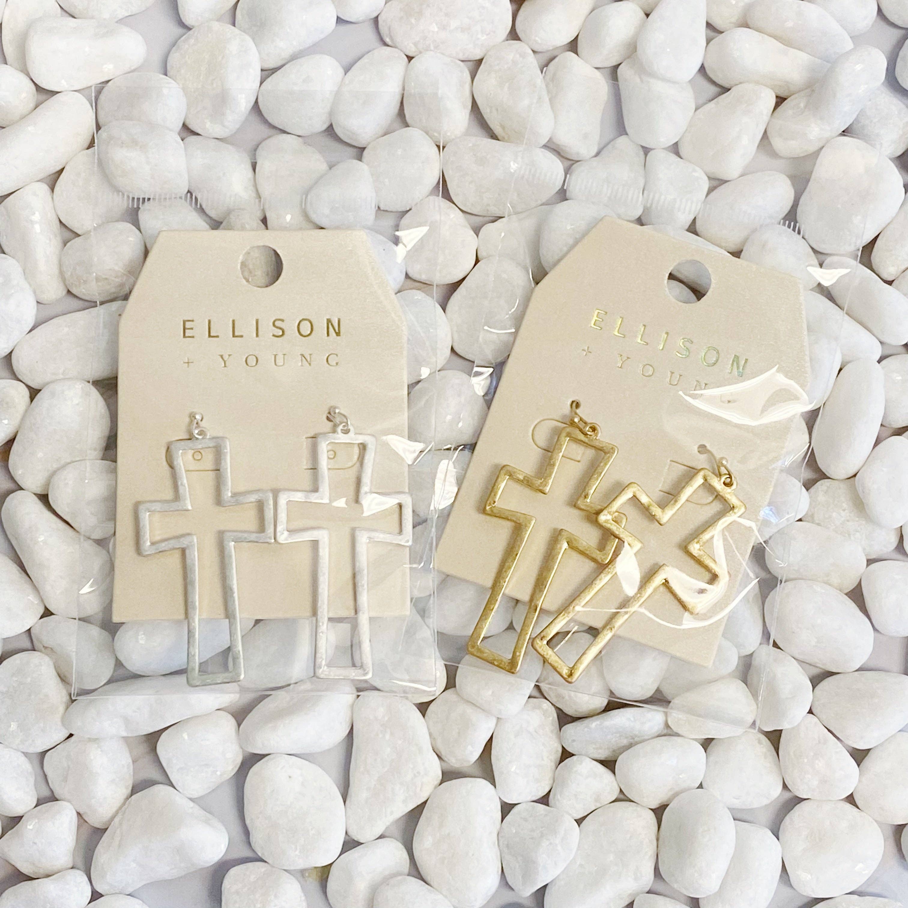 Dangle Cross Outlined Earrings: Gold