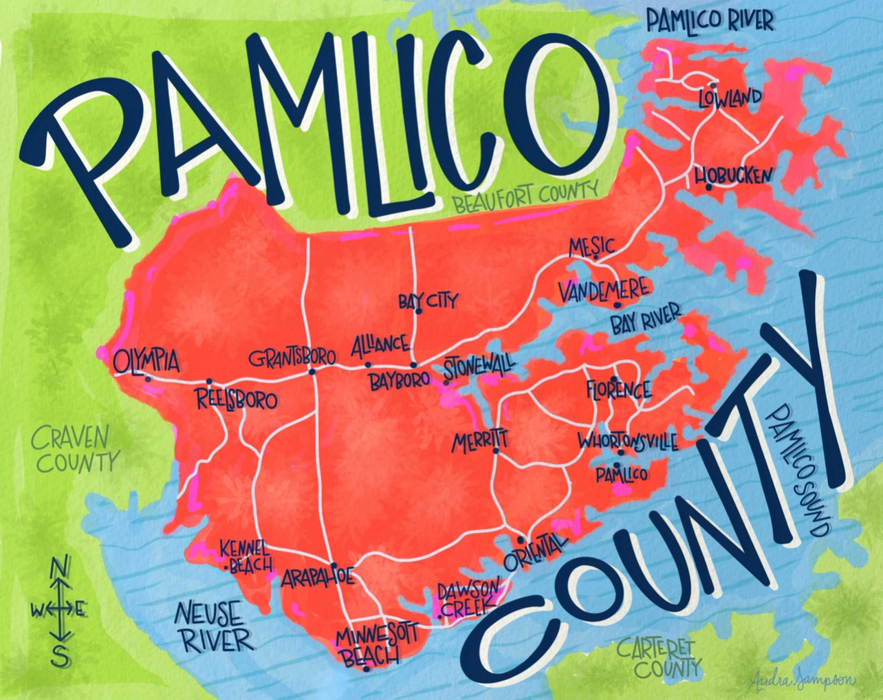 Pamlico County Map Reproduction Print - On Paper or Canvas