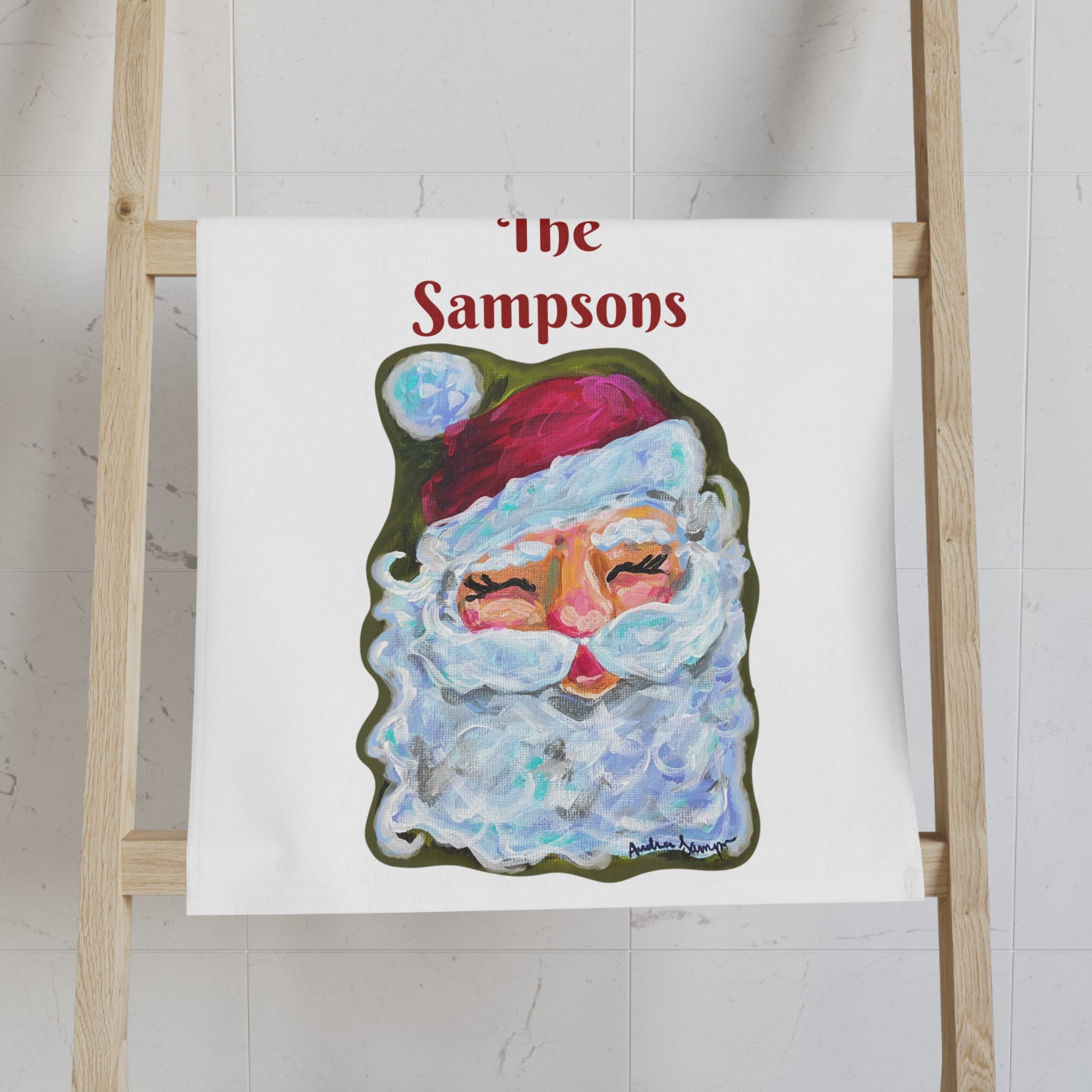 Santa on Green Tea Towel - Free Personalization