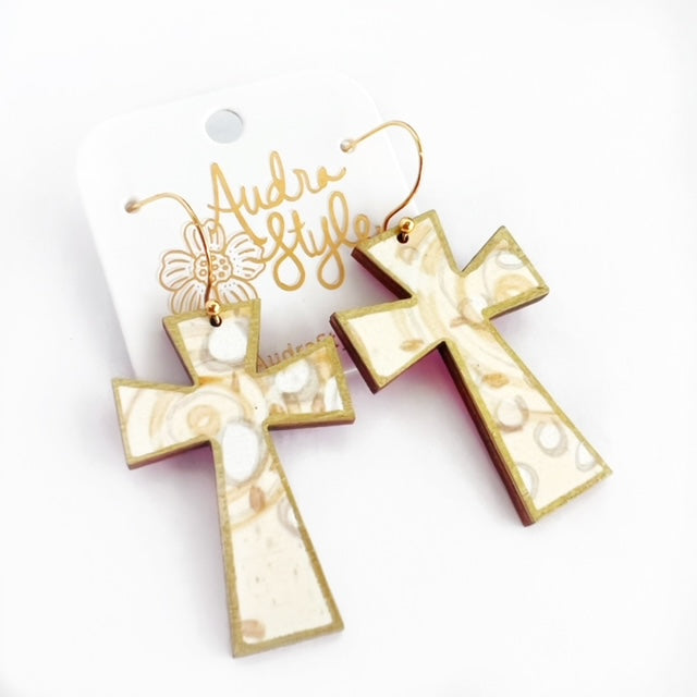 Cross Dangle Earring- Cream Abstract