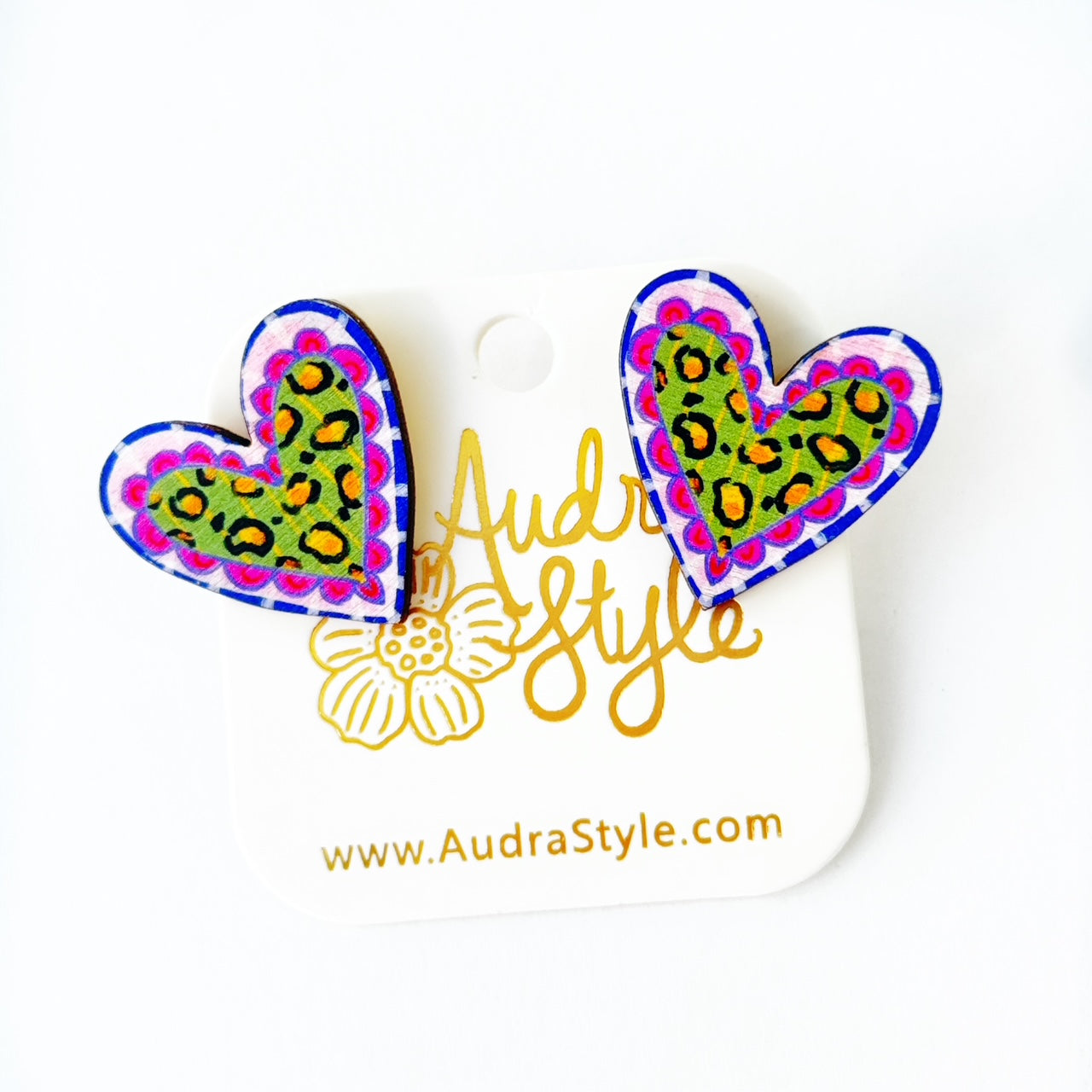 Valentine's Day Heart Stud Earrings - Green Pink Cheetah