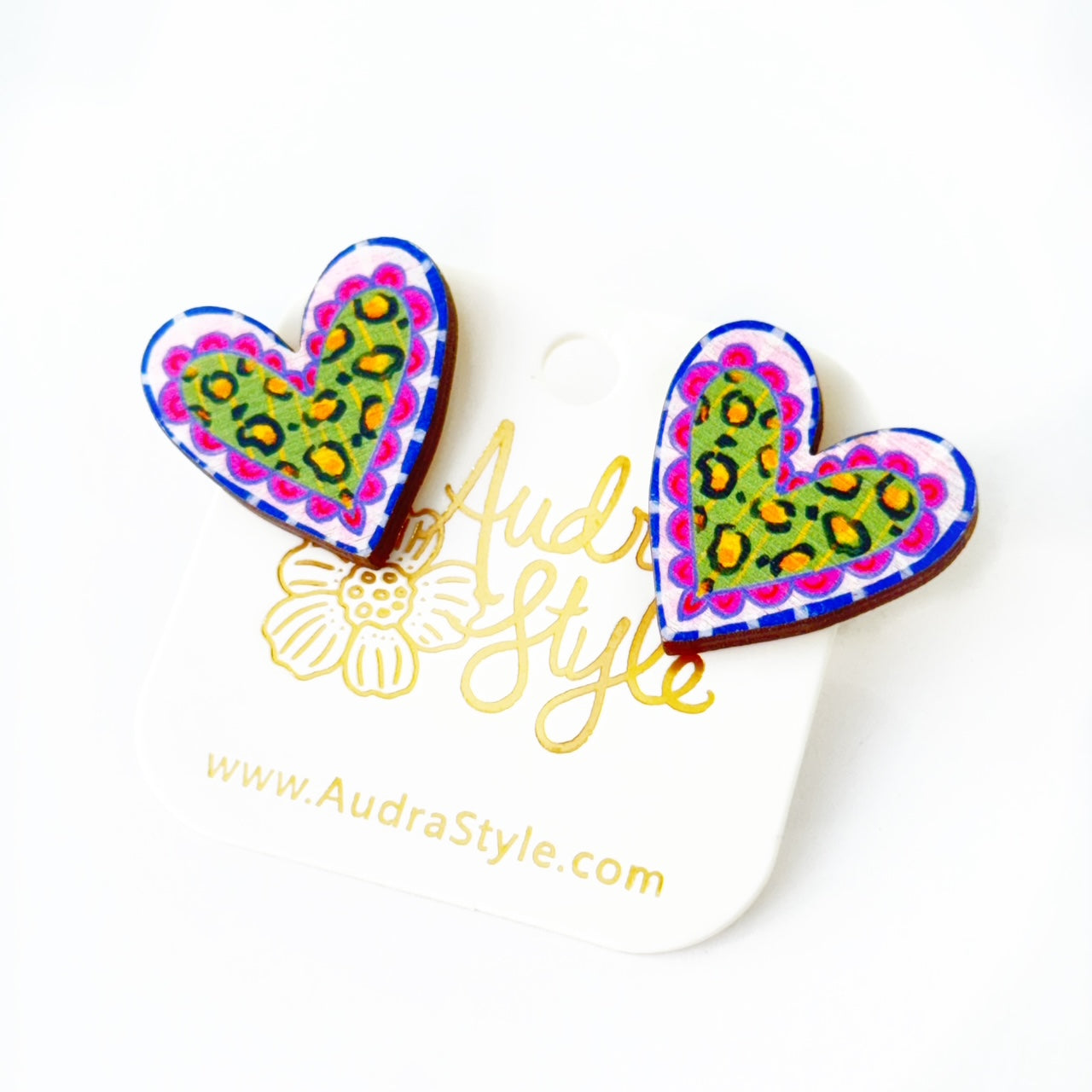 Valentine's Day Heart Stud Earrings - Green Pink Cheetah