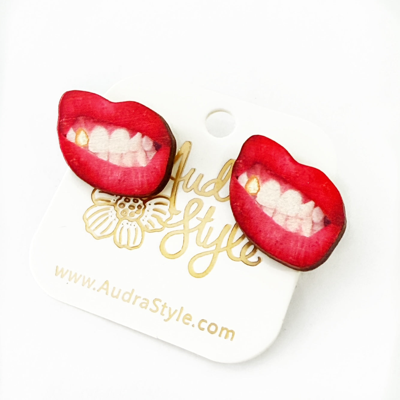 Valentine's Day Heart Stud Earrings - Gold Tooth Red Sneer Lips