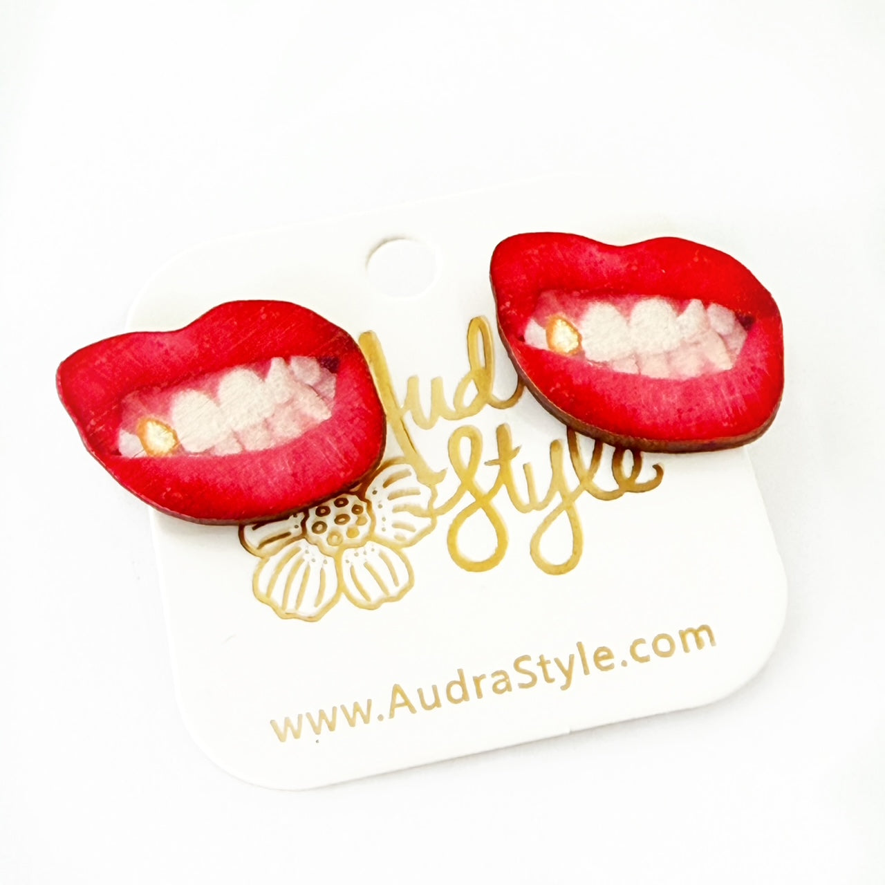 Valentine's Day Heart Stud Earrings - Gold Tooth Red Sneer Lips