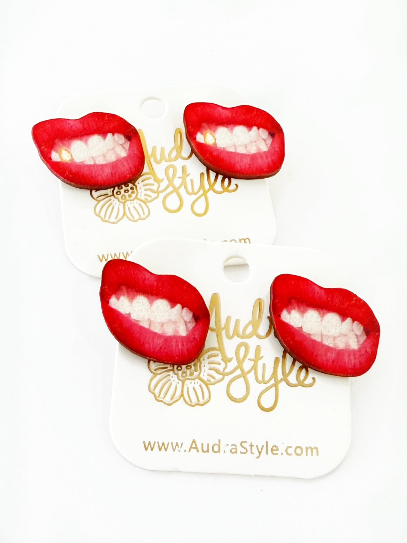 Valentine's Day Heart Stud Earrings - Gold Tooth Red Sneer Lips