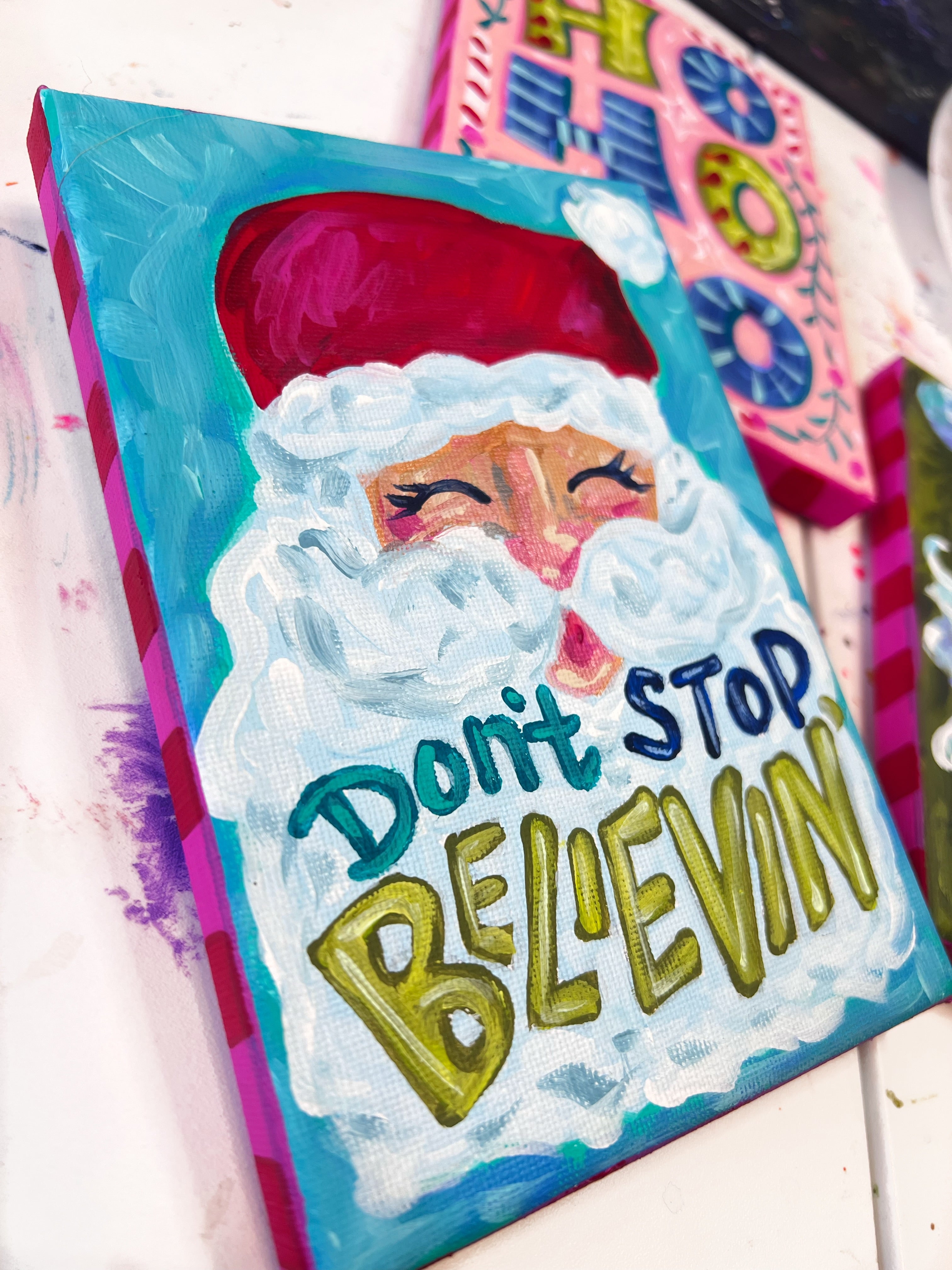 5x7" Original Christmas Painting on Canvas - Don't Stop Believin' Santa Claus