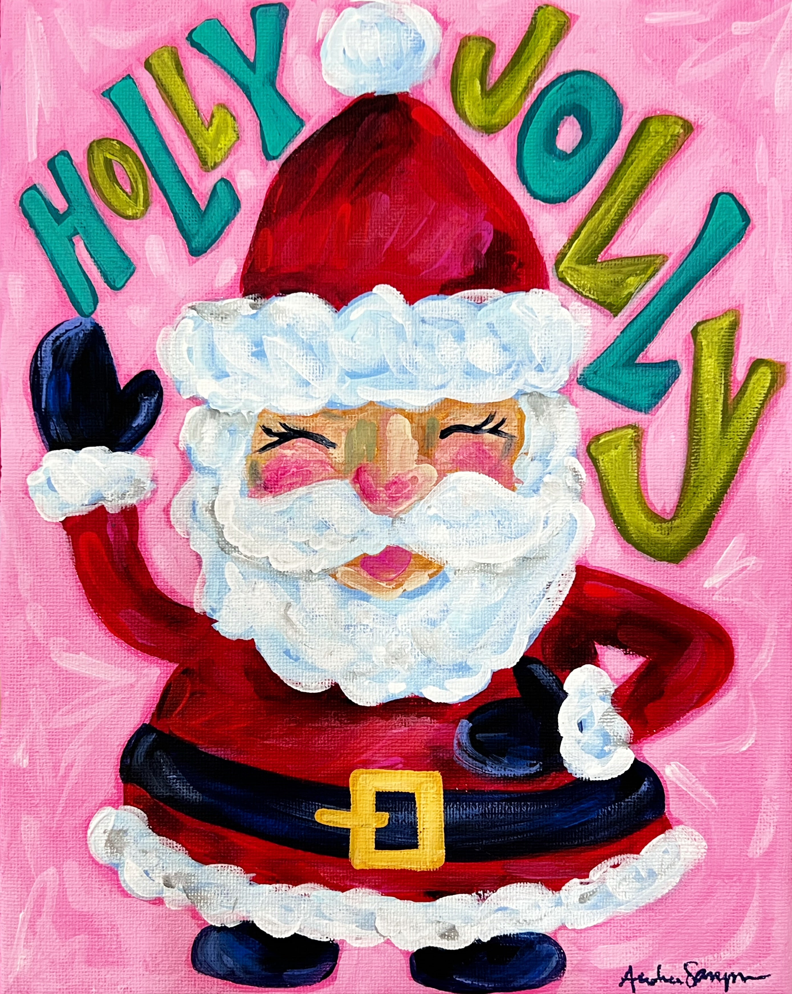 8x10" Original Christmas Painting on Canvas - Holly Jolly Santa Claus