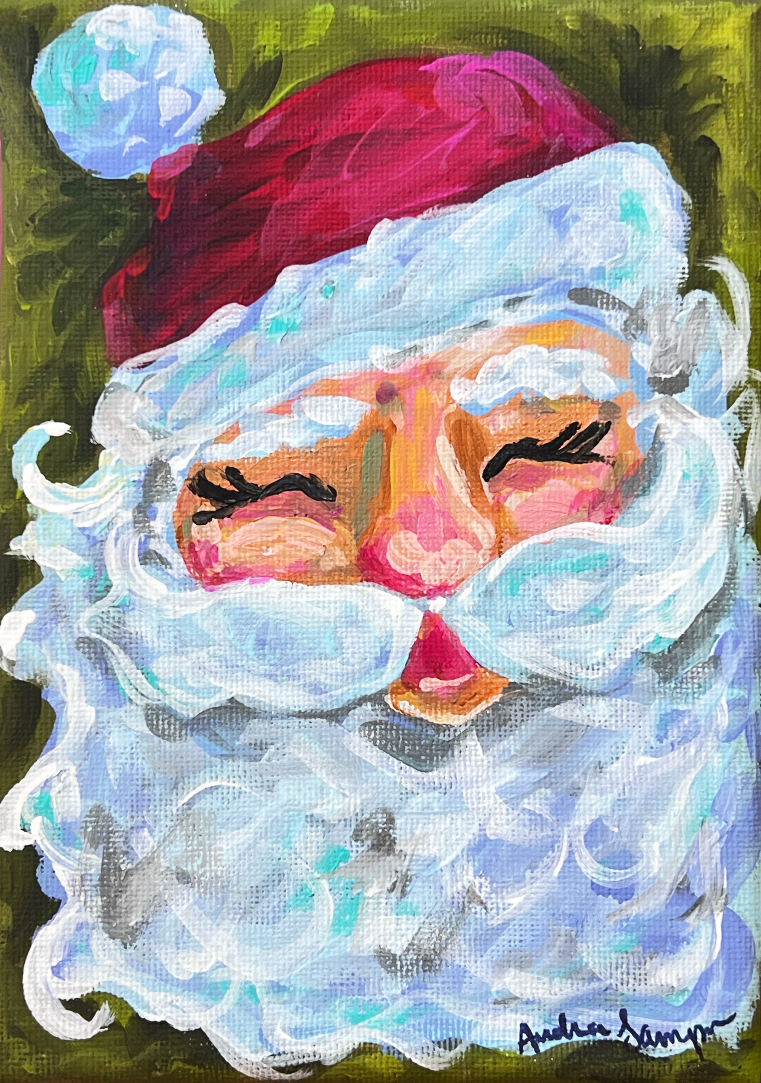 5x7" Original Christmas Painting on Canvas -Santa Claus on Green