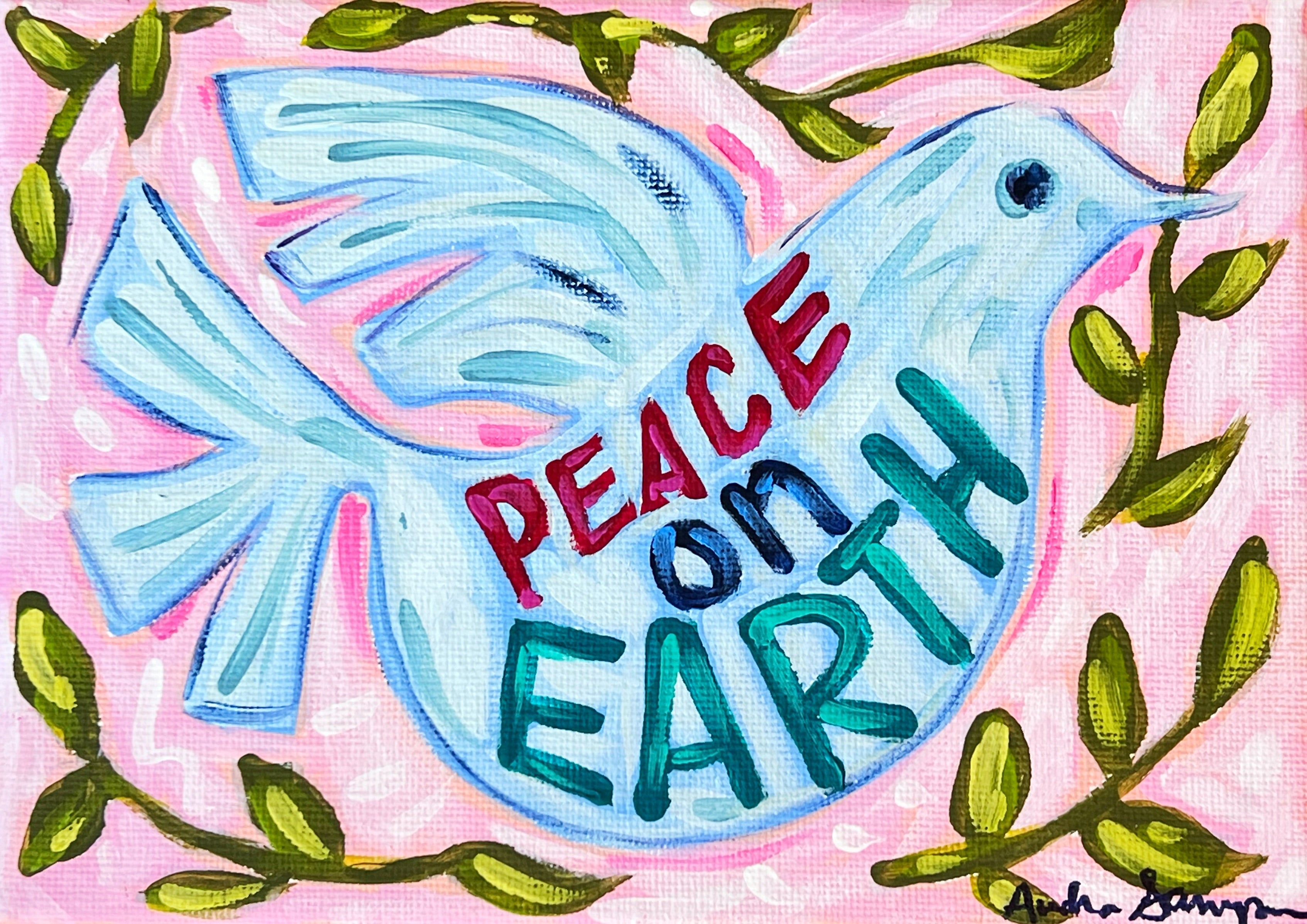 5x7" Original Christmas Painting on Canvas - Peace On Earth Dove