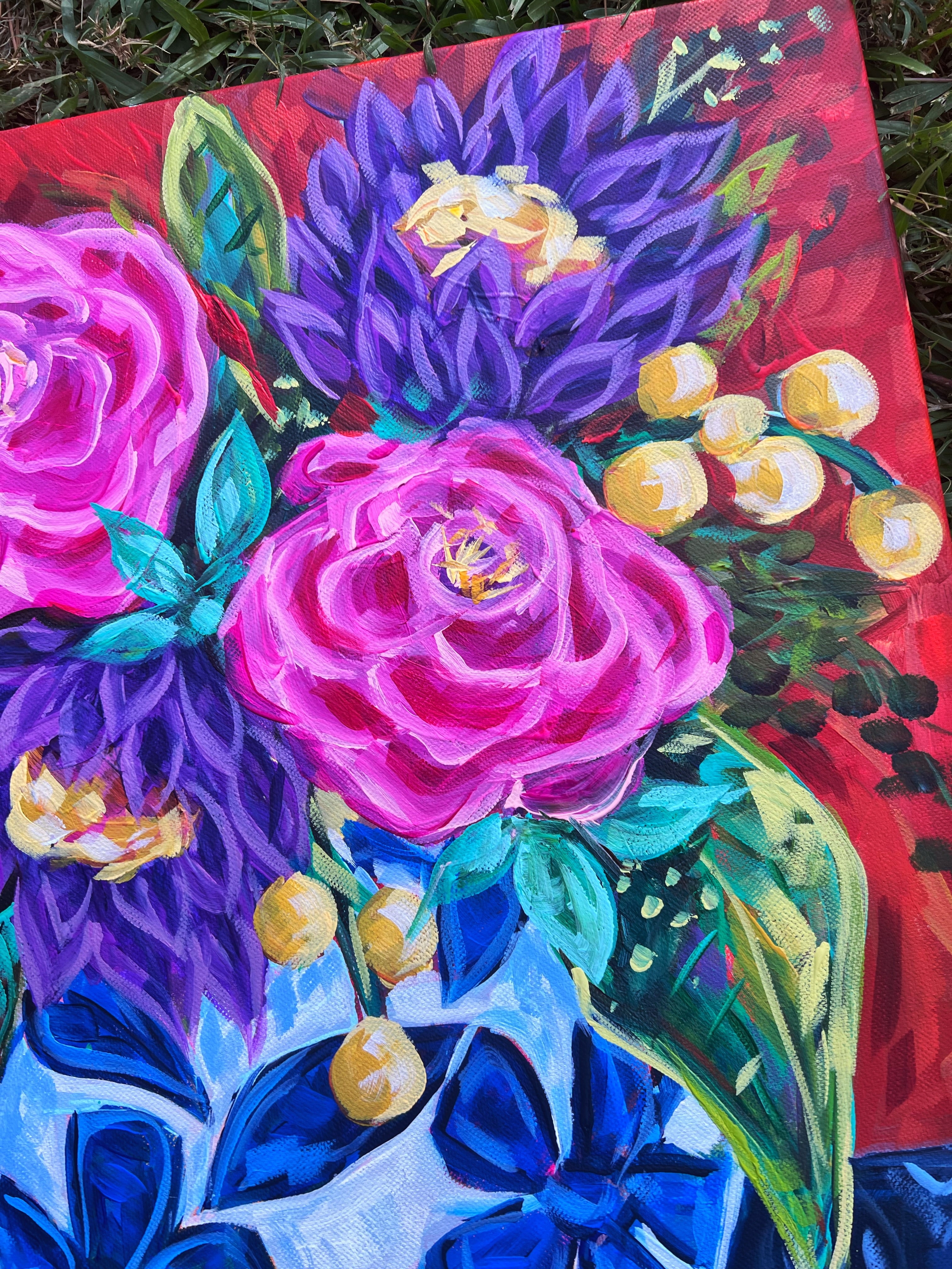 Pink Purple Yellow Bouquet 16x20 Original Painting on Canvas