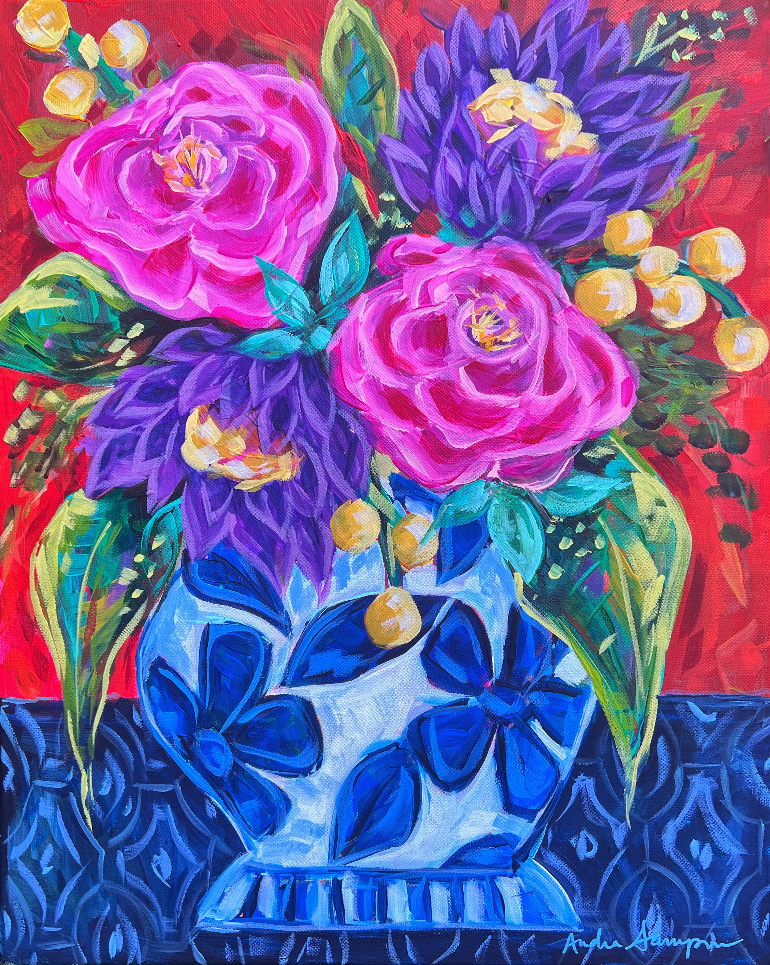 Pink Purple Yellow Blue White Vase Reproduction Print - On Paper or Canvas