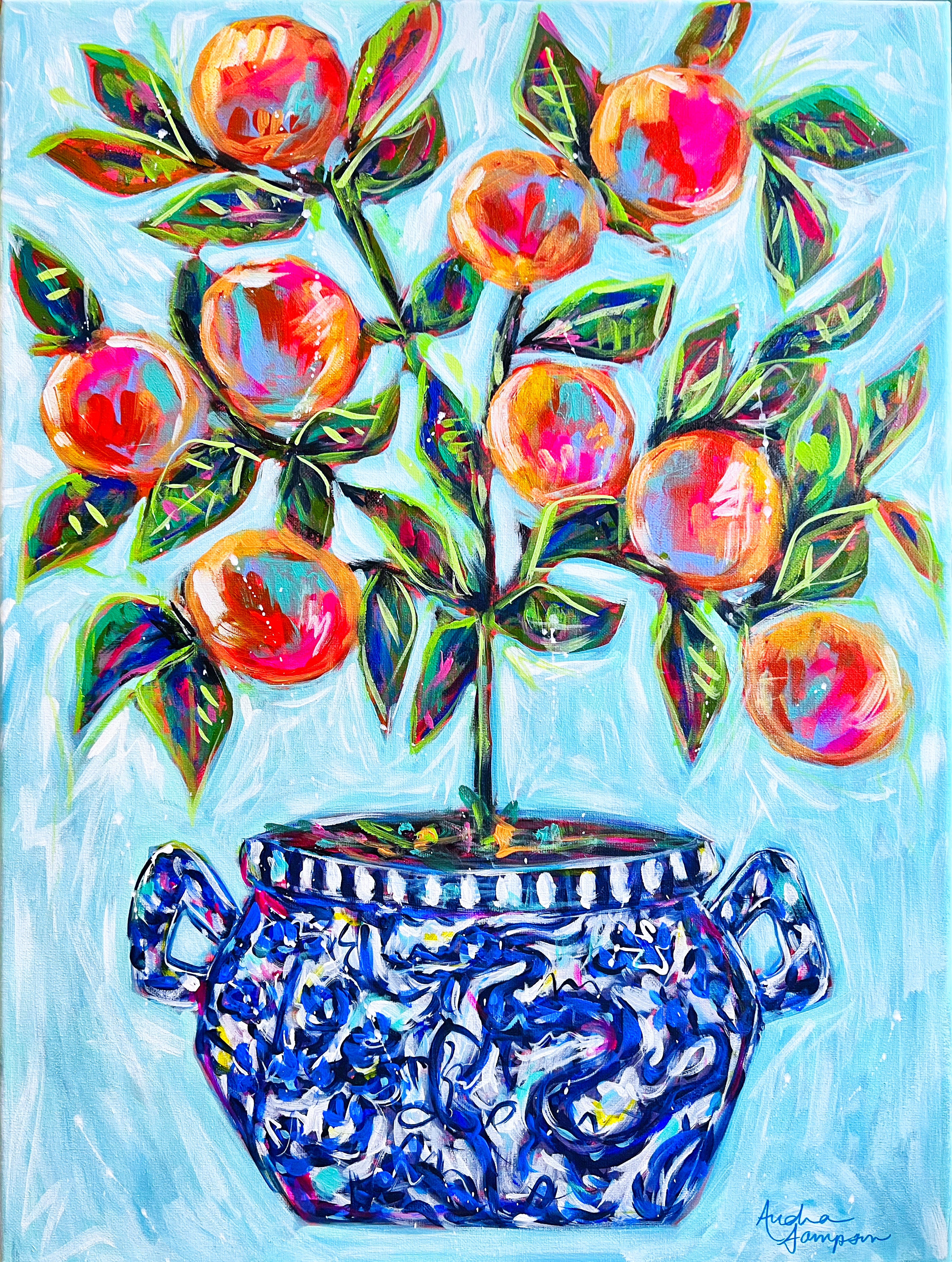 Orange Tree Art Print on Paper or Canvas - Blue White Decor, Colorful Wall Art Poster