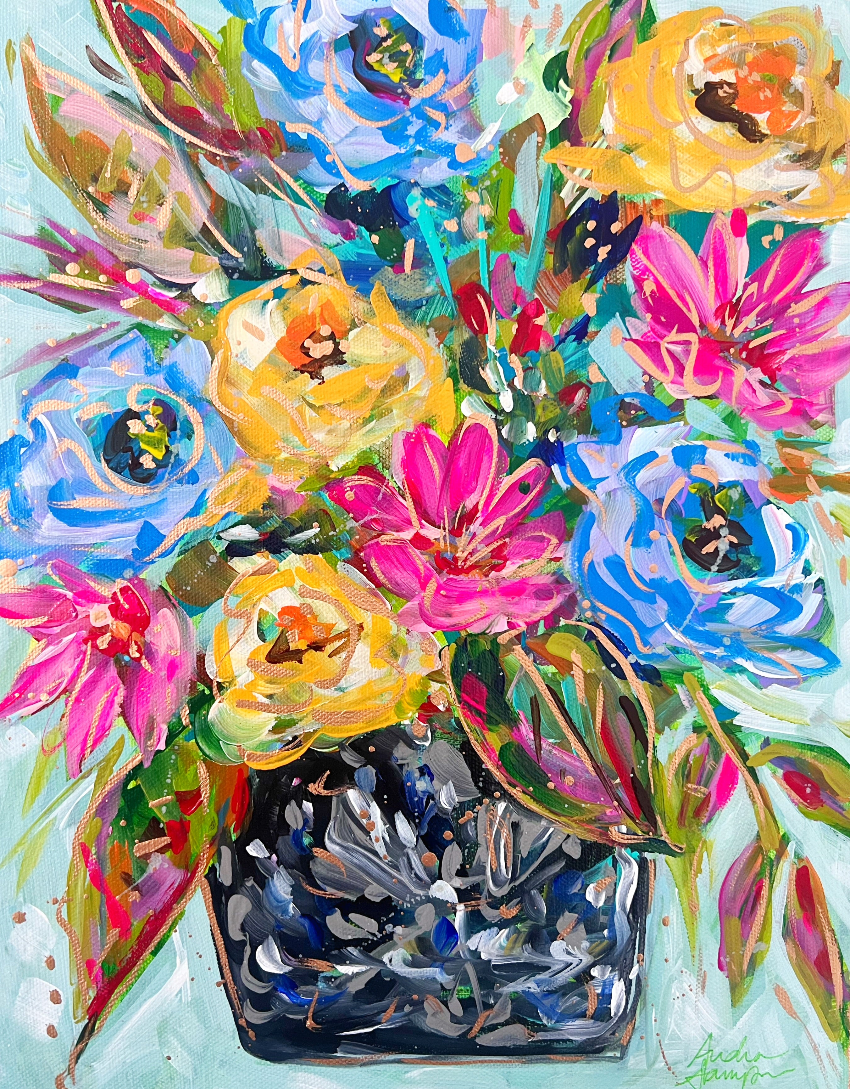 Colorful Bouquet in Black and White Vase 11x14" Original Painting on Canvas