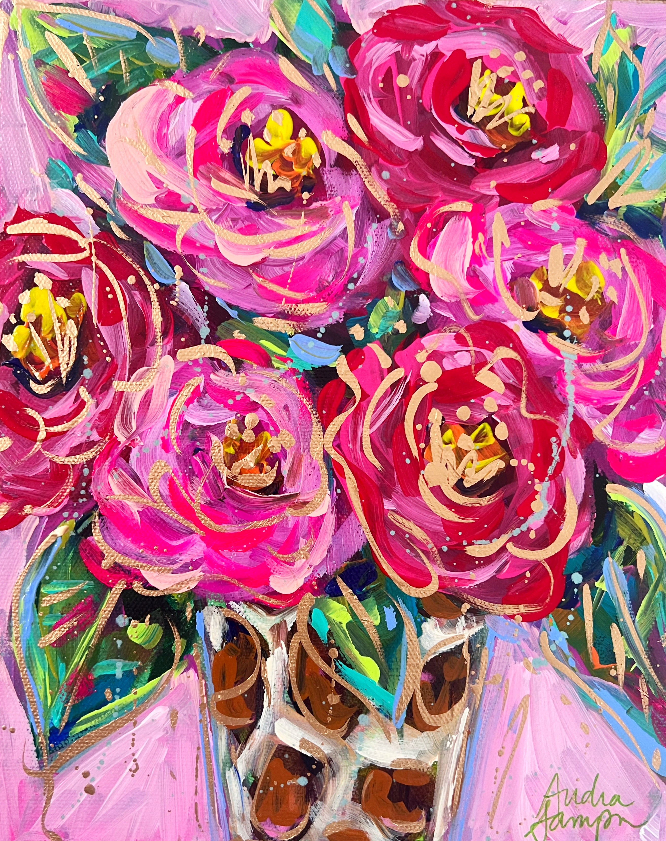 Red Pink Leopard Bouquet Art Print on Paper or Canvas - Maximalist Decor, Pink Wall Art