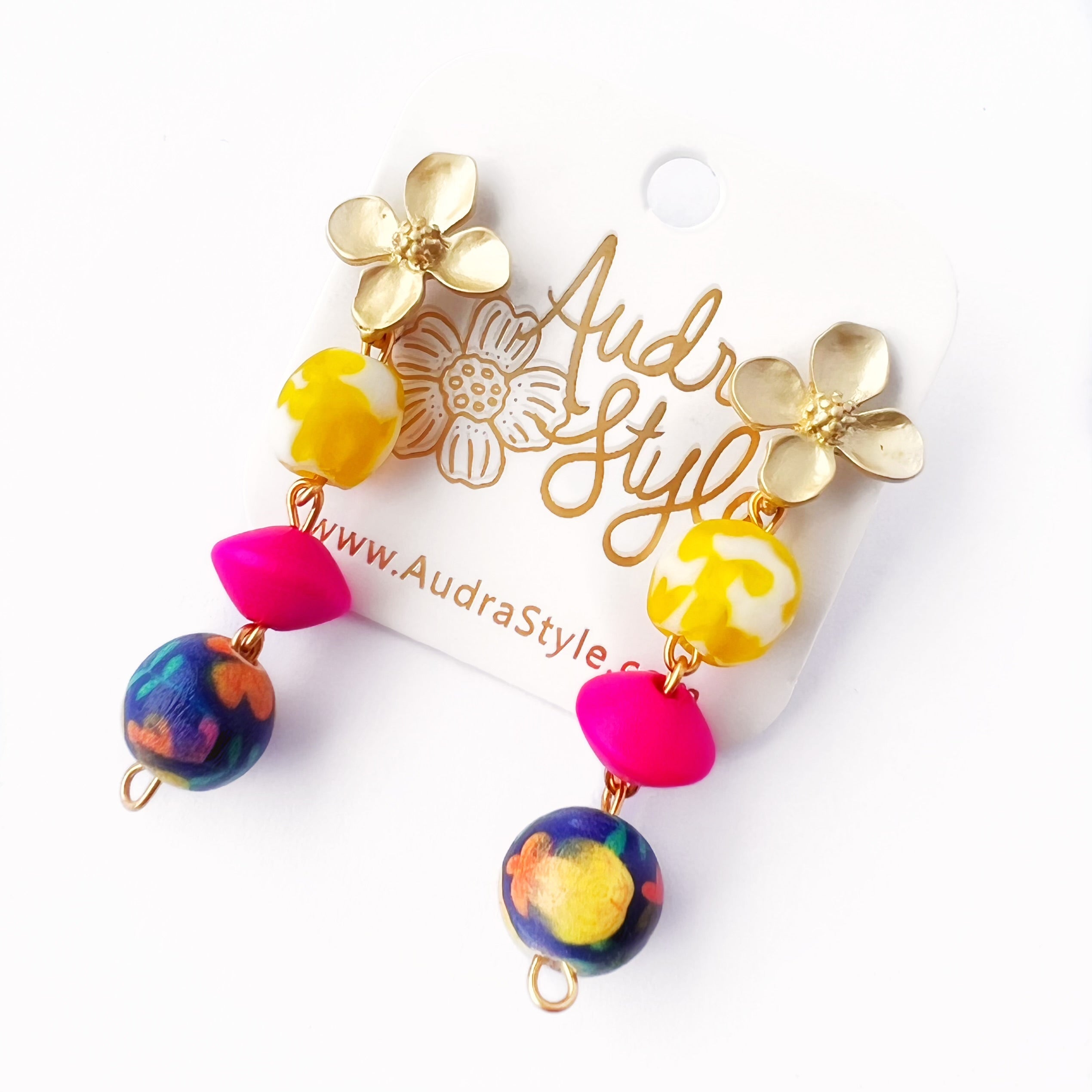 Floral Drop Beaded Earrings - Spring Summer Bright Dangles