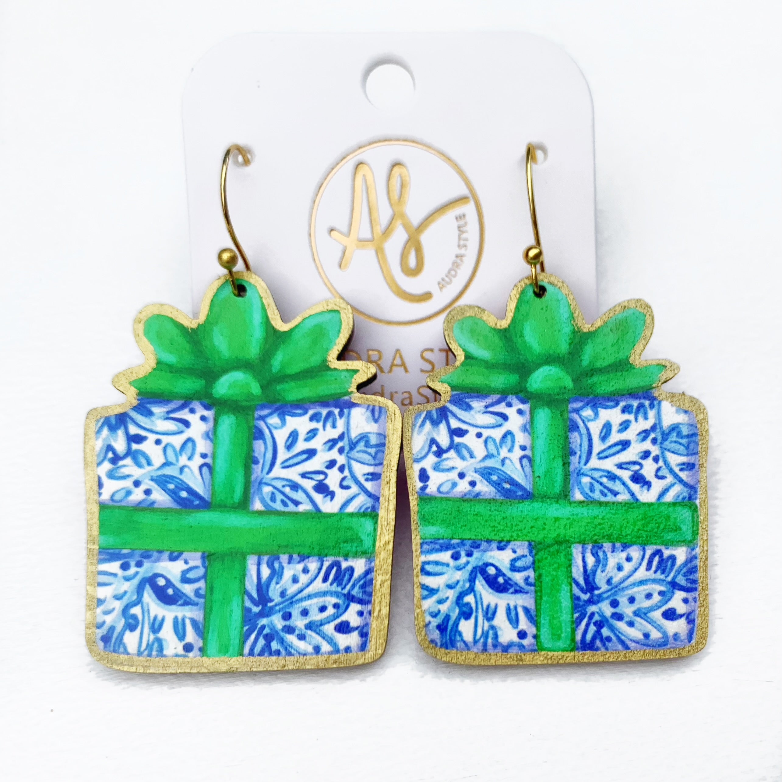 Christmas Earring - Blue White Gift Green Bow