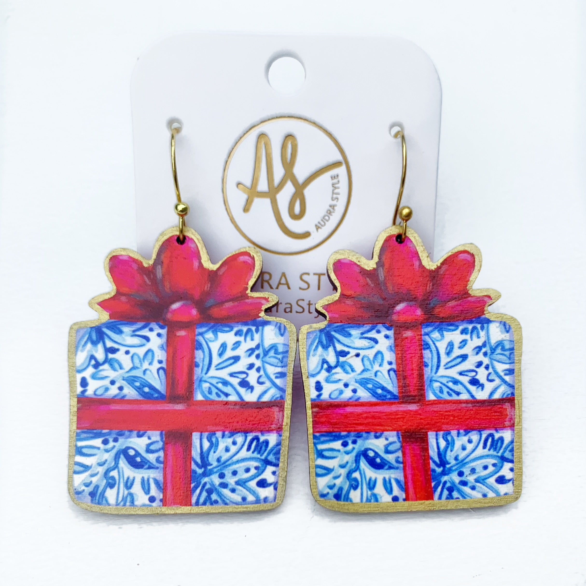 Christmas Earring - Blue White Gift Red Bow