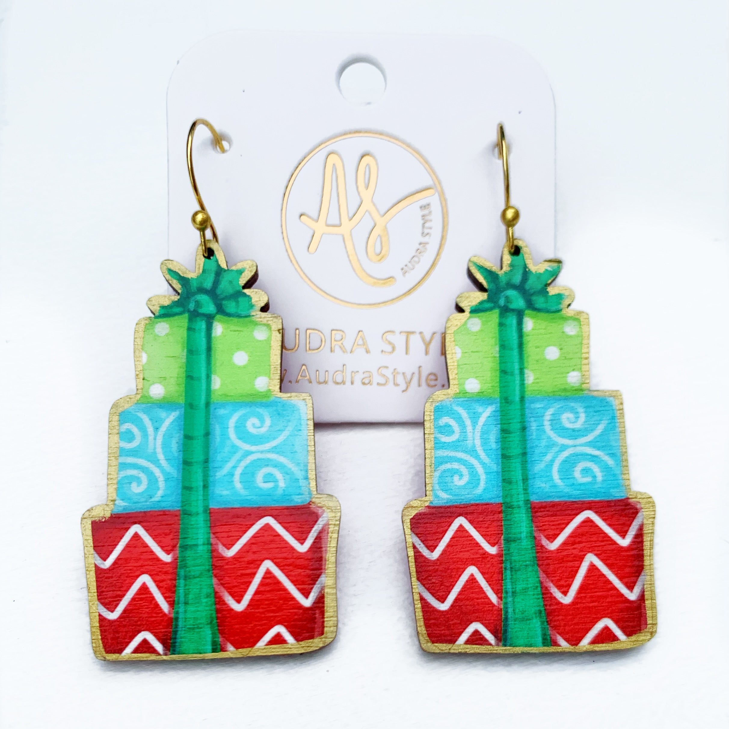 Christmas Earring - Green Aqua Red Stacked Gifts