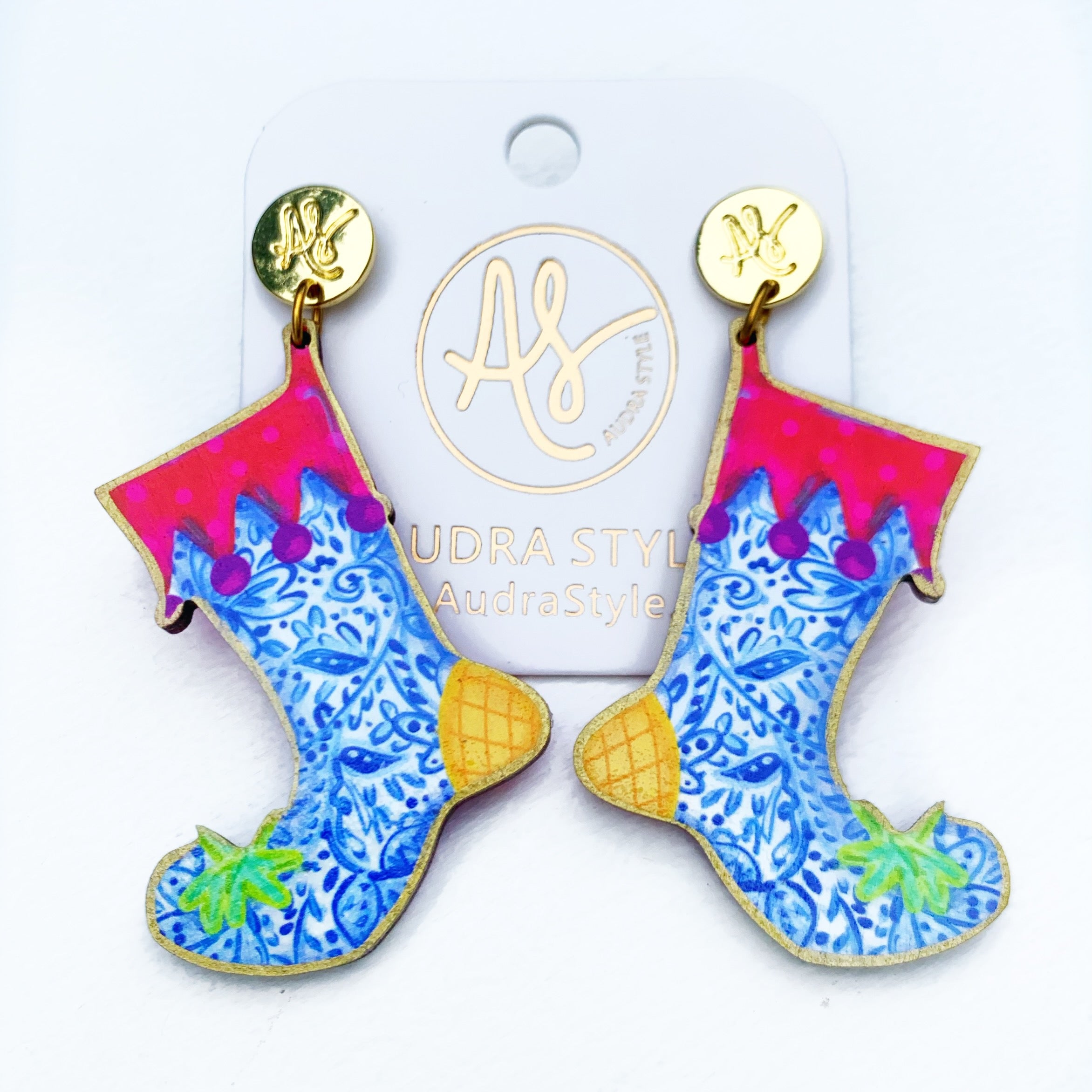 Christmas Earring - Blue and White Stocking