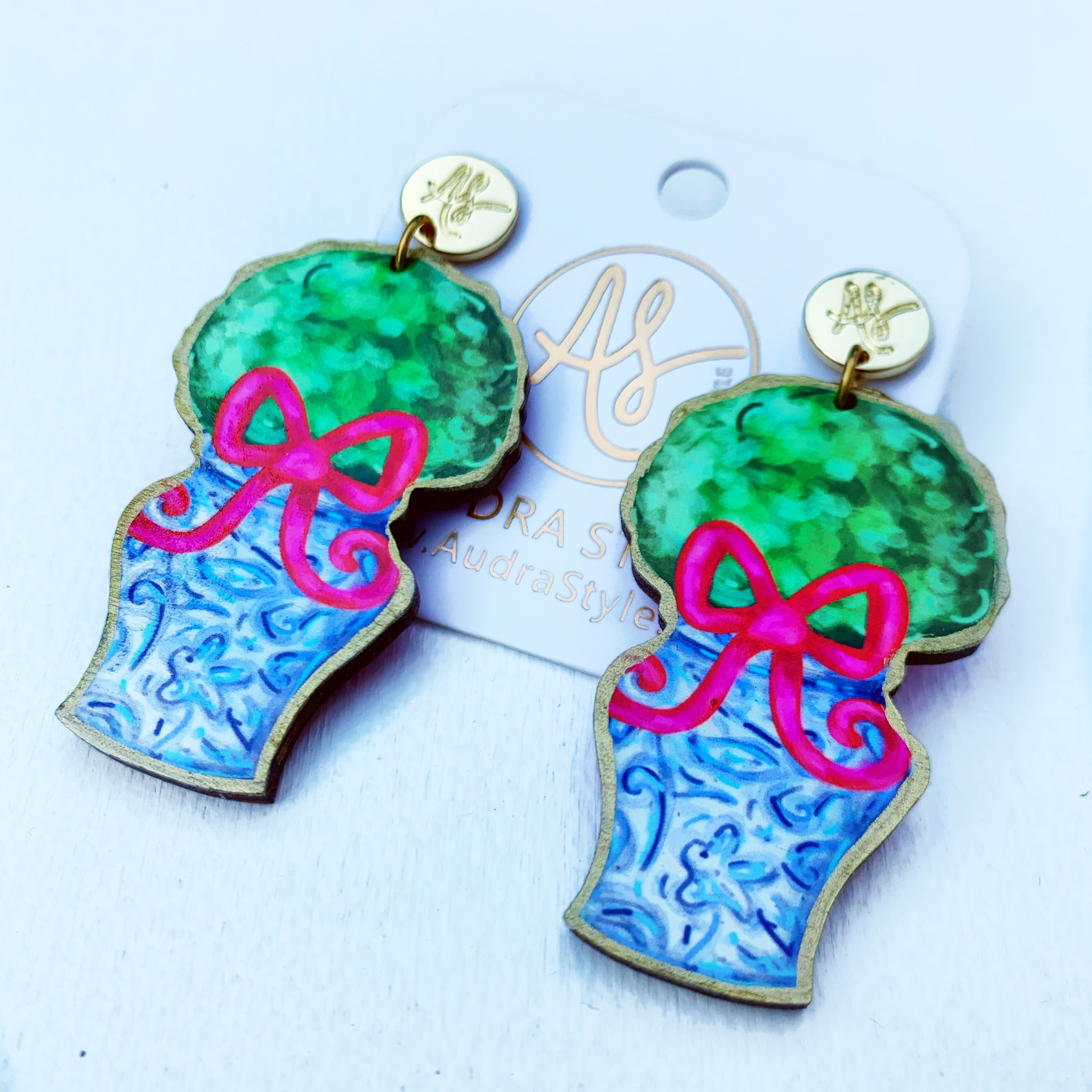 Christmas Earring - Christmas Topiary in Blue White Vase