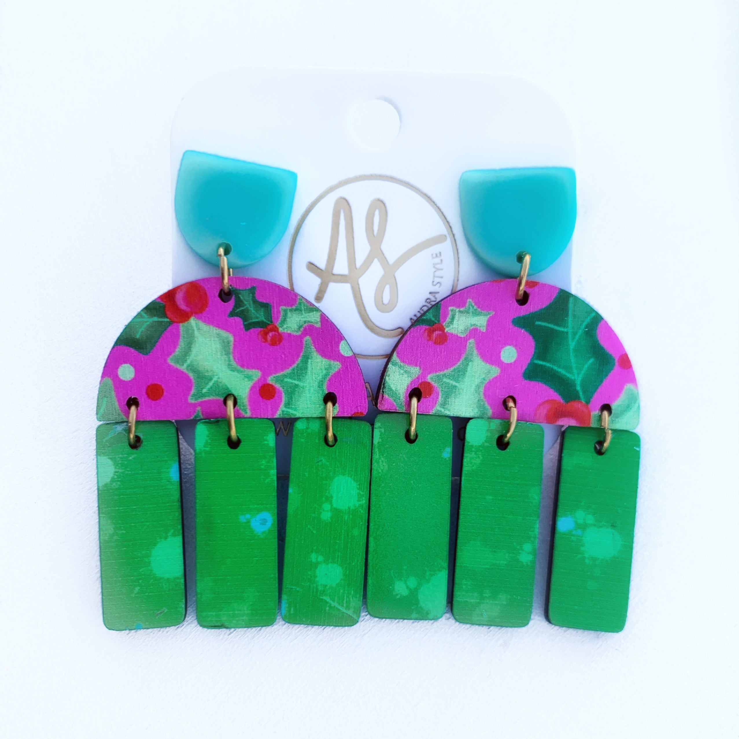 Christmas Earring - Agatha - Fuschia Holly Green Splatter