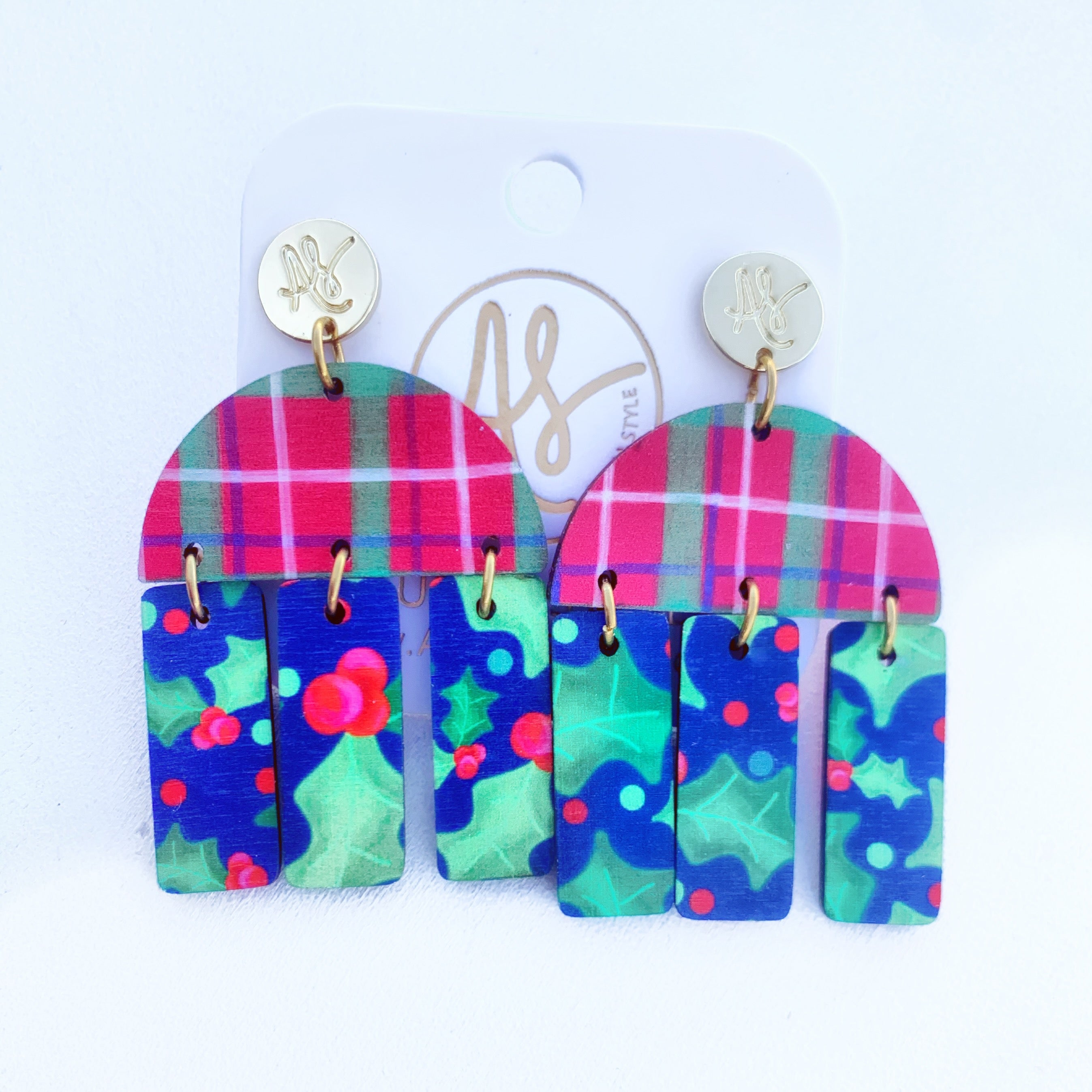 Christmas Earring - Agatha - Christmas Plaid Navy Holly