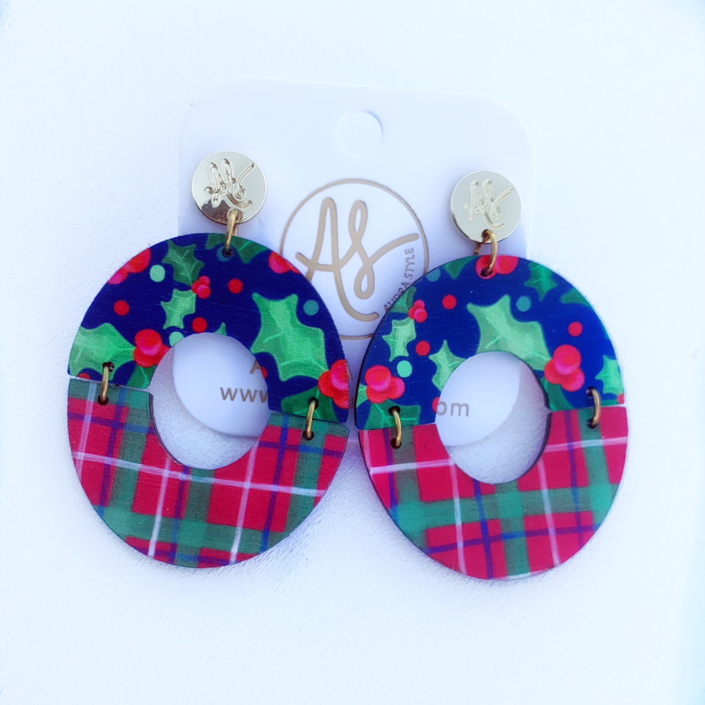 Christmas Earring - Amanda - Navy Holly Christmas Plaid