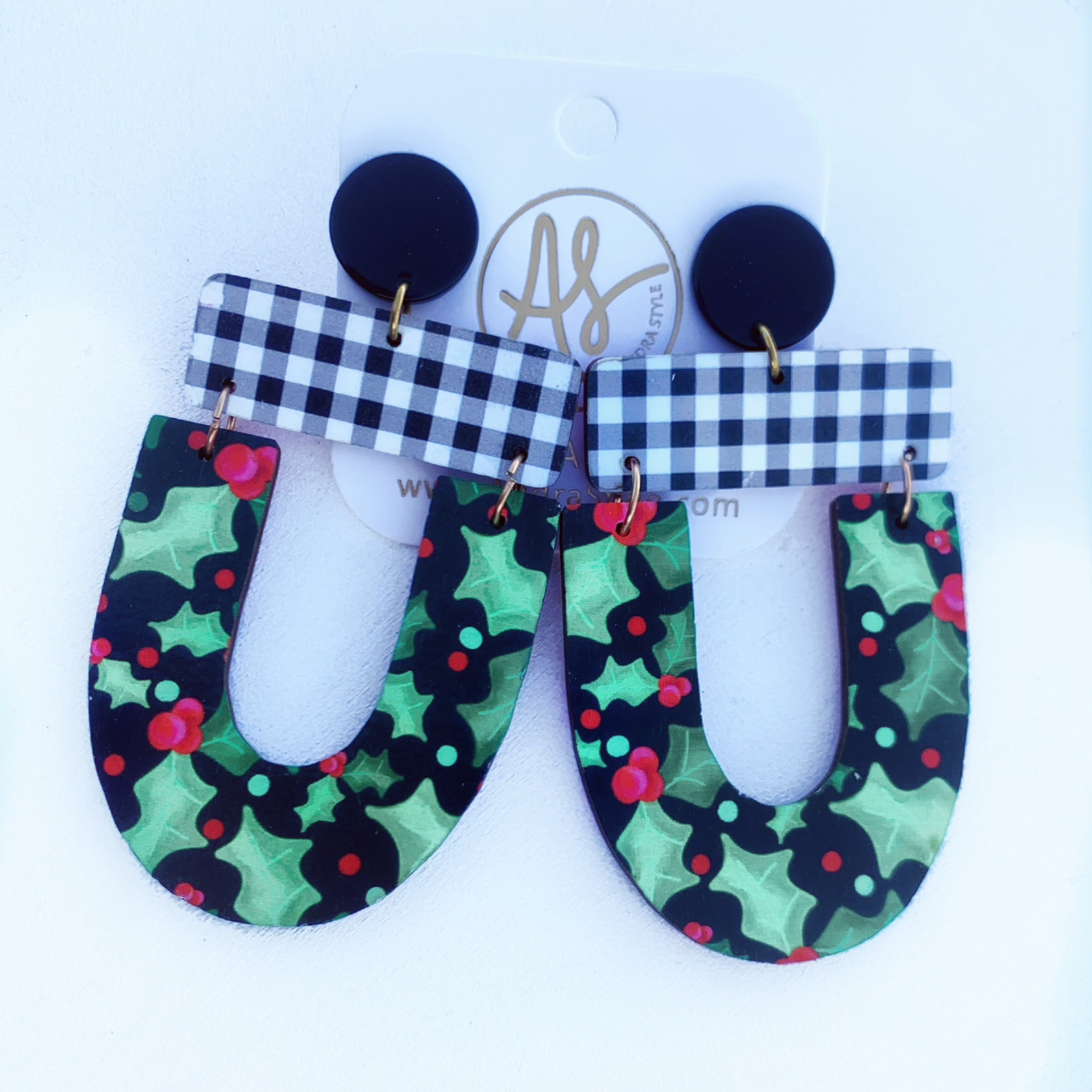 Christmas Earring - Abby - Black and White Gingham Black Holly