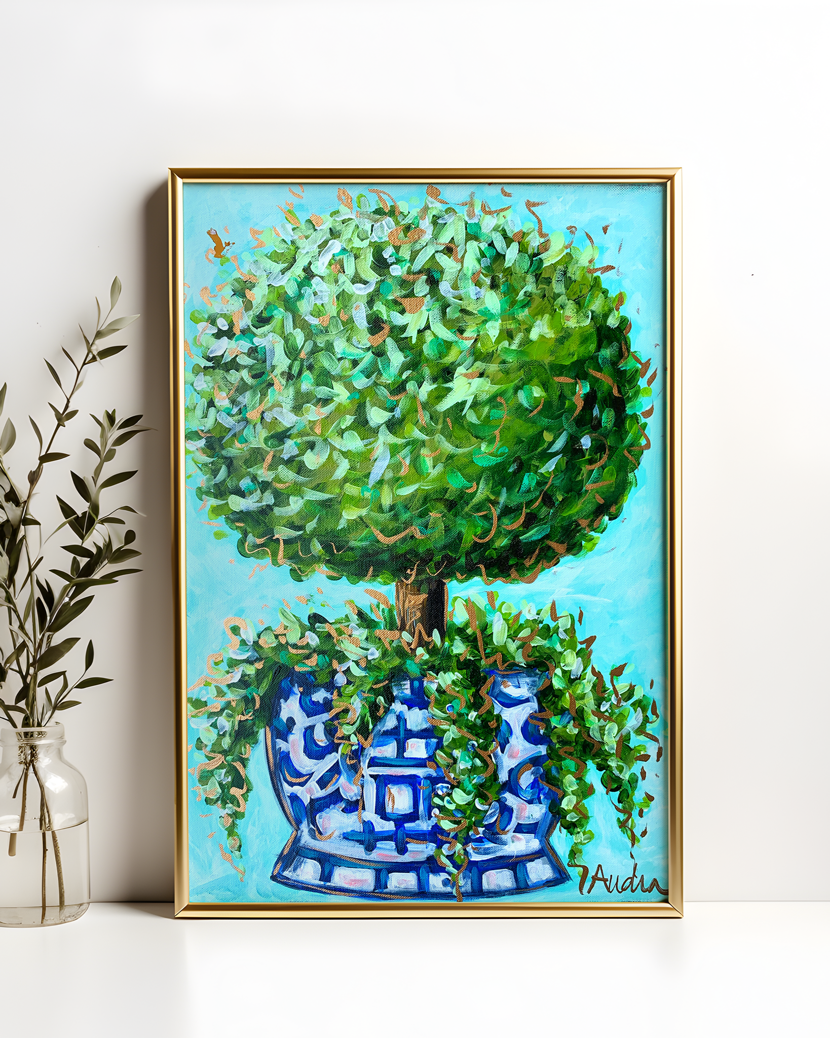 Topiary Art Print on Paper or Canvas - Blue and White Decor, Grand Millennial Wall Art Poster