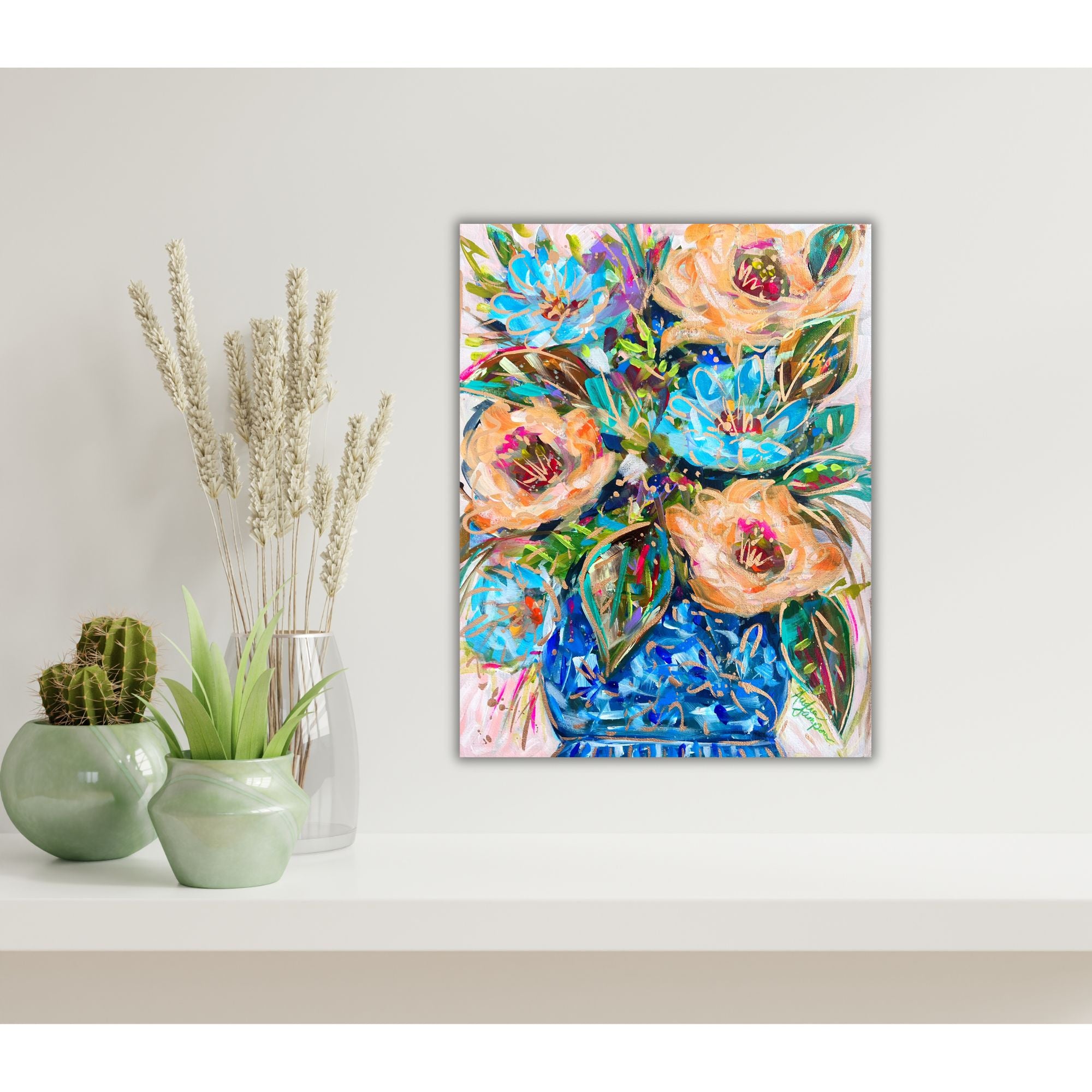 Blue Orange Floral Blue White Vase Reproduction Print - On Paper or Canvas