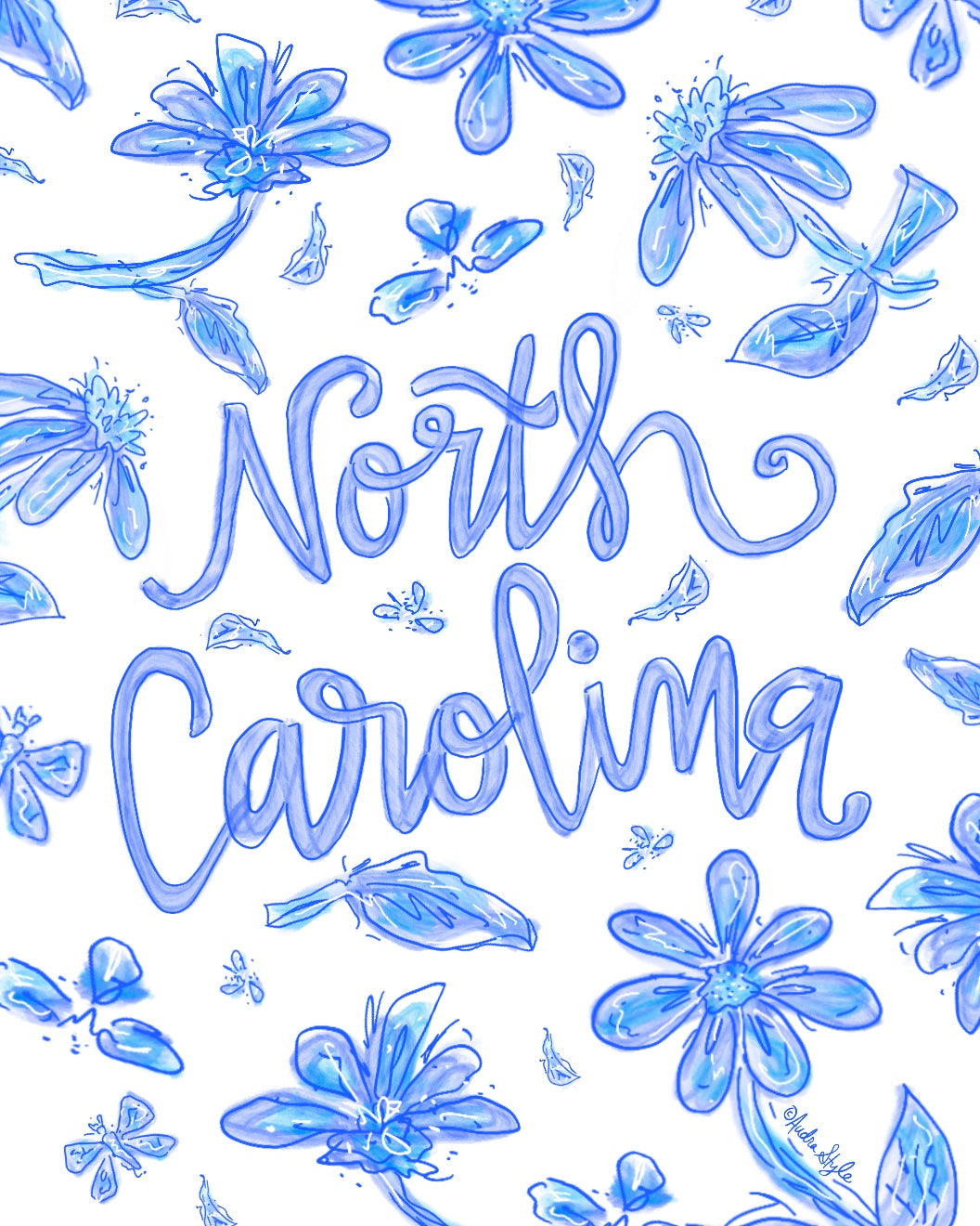 North Carolina Art Print on Paper or Canvas - Hometown, State Pride, Blue and White Floral Wall Art Poster