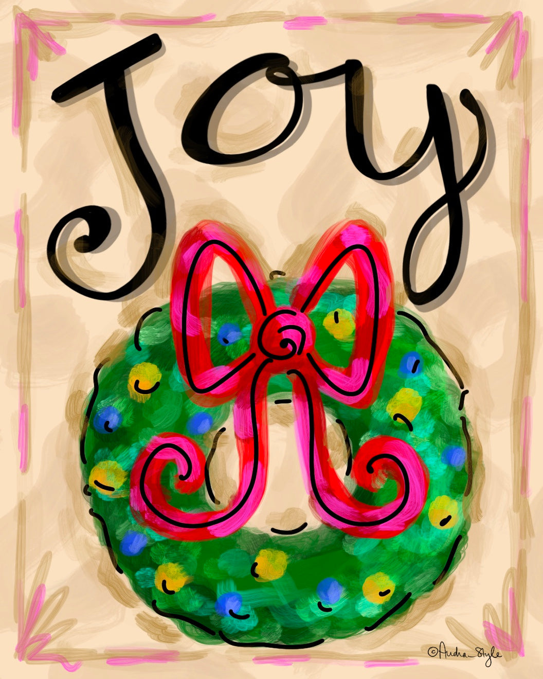 Christmas Canvas - Joy - Wreath - Pale Cheetah Background