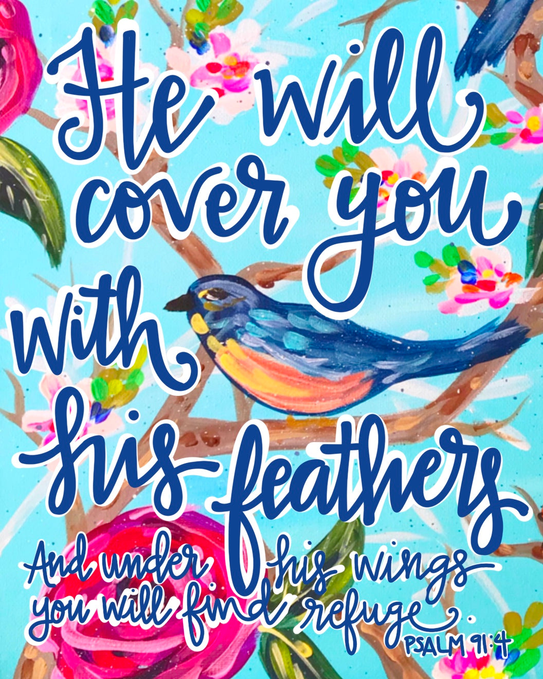 He Will Cover You With His Feathers Art Print on Paper or Canvas - Scripture Wall Art Poster