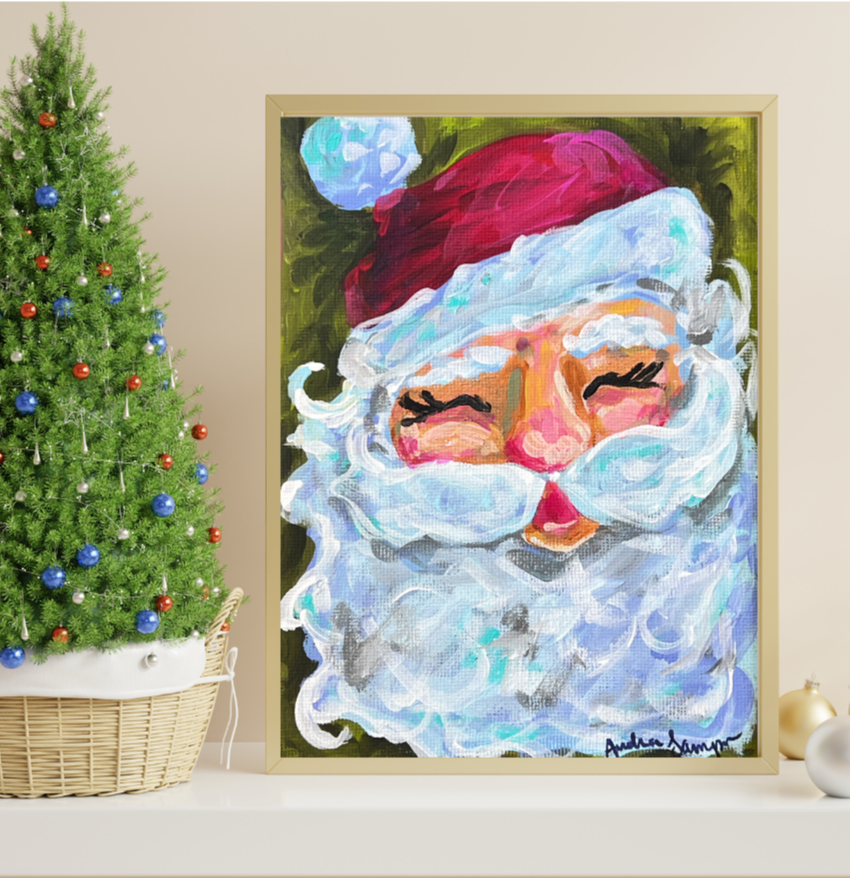 Santa Claus on Green Christmas Reproduction Print - On Paper or Canvas