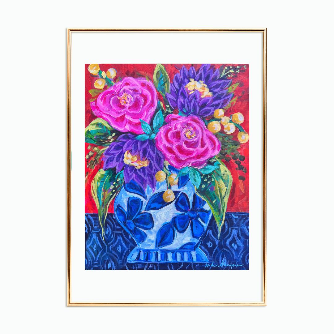 Pink Purple Yellow Blue White Vase Reproduction Print - On Paper or Canvas